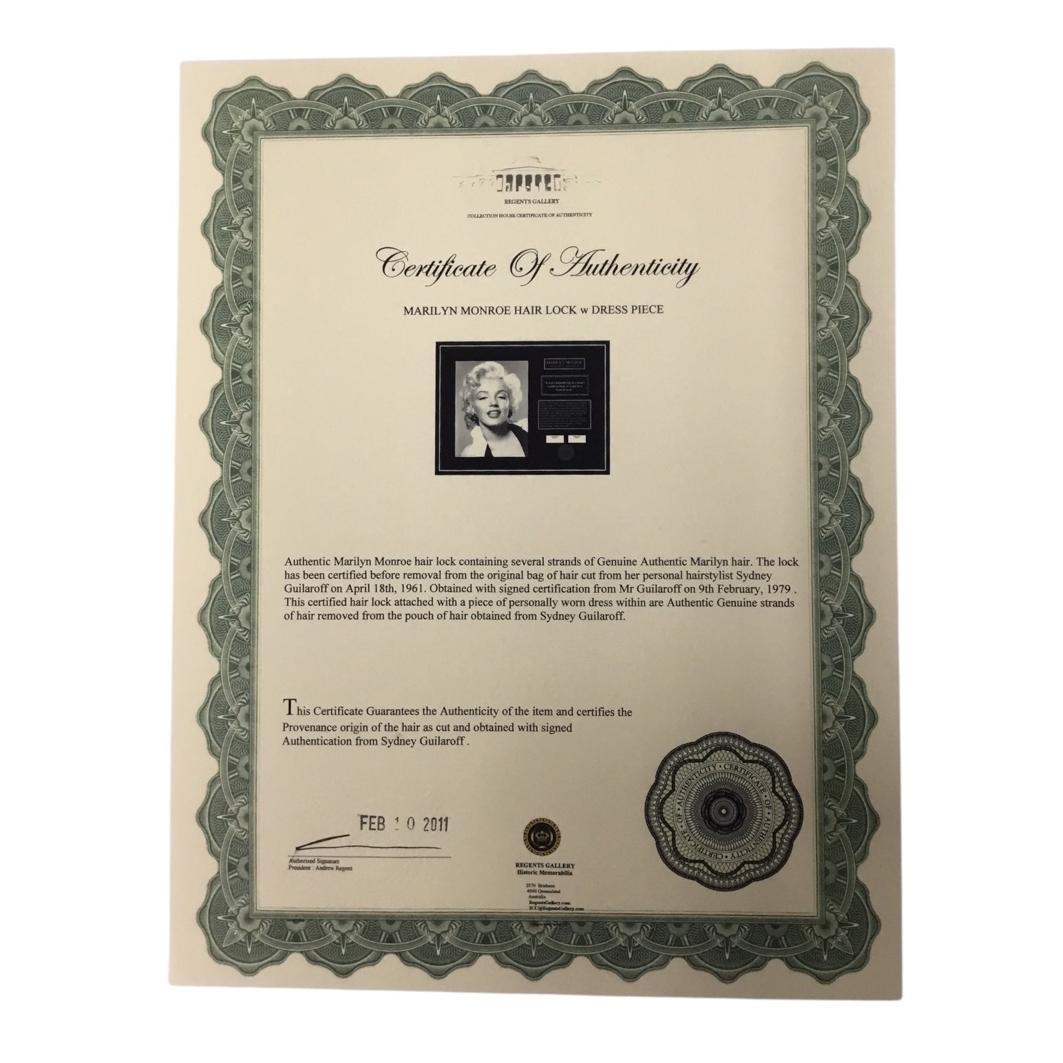 Marilyn Monroe Original Hair Lock with Used Dress Piece and COA