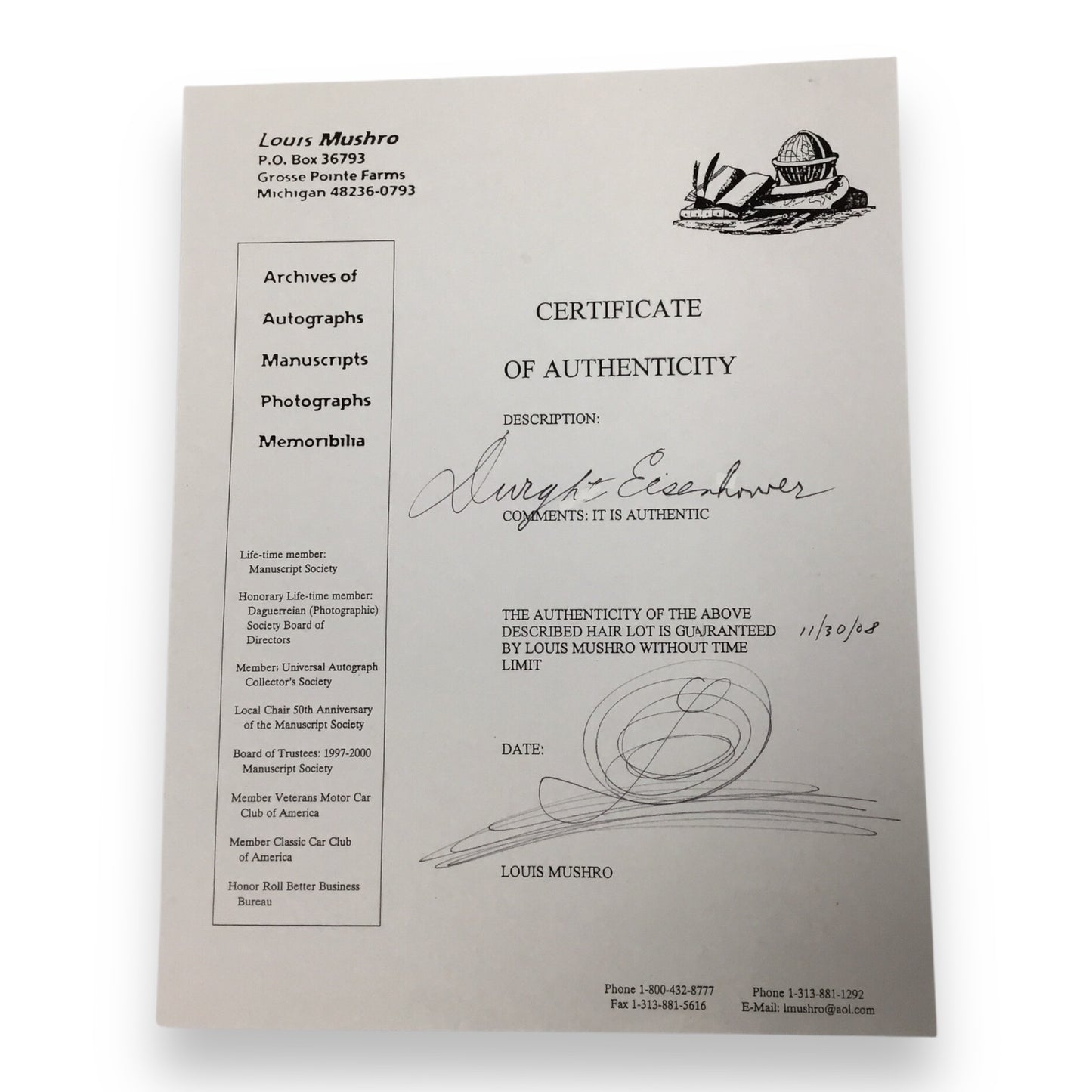 Dwight D. Eisenhower Hair Clipping with COA