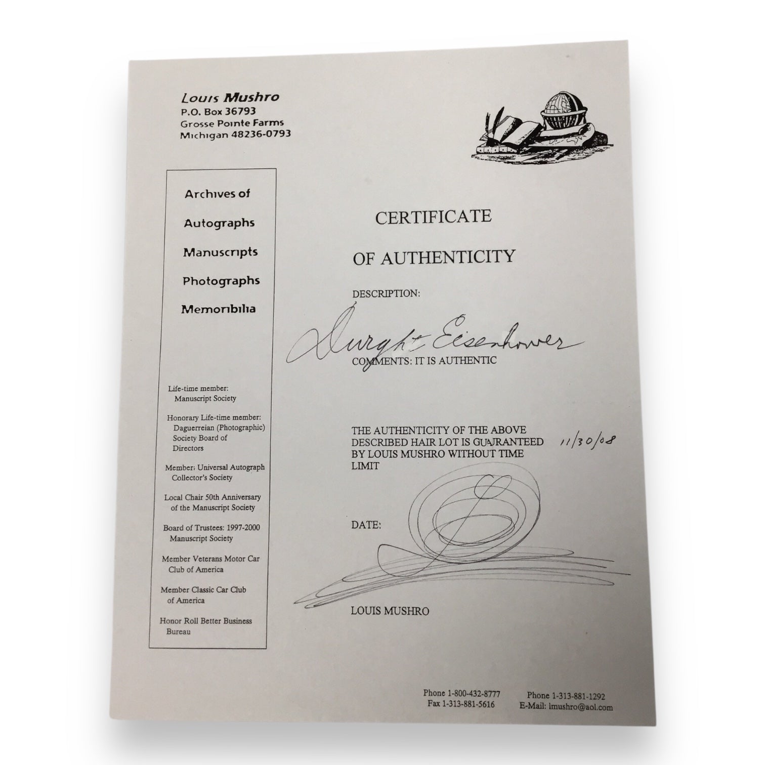 Dwight D. Eisenhower Hair Clipping with COA