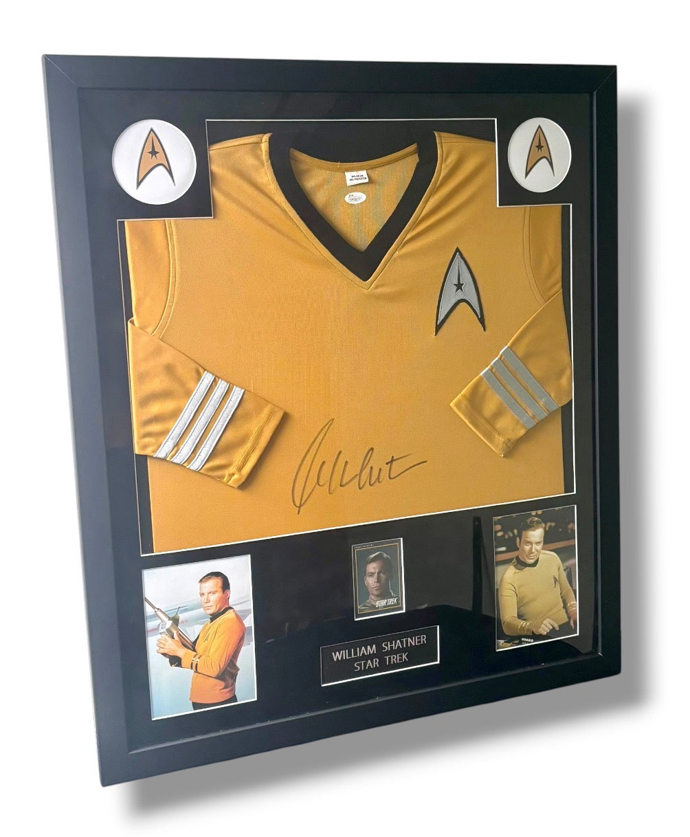 Framed Captain James T. Kirk Signed Uniform w/ JSA Cert & Court Martial Card