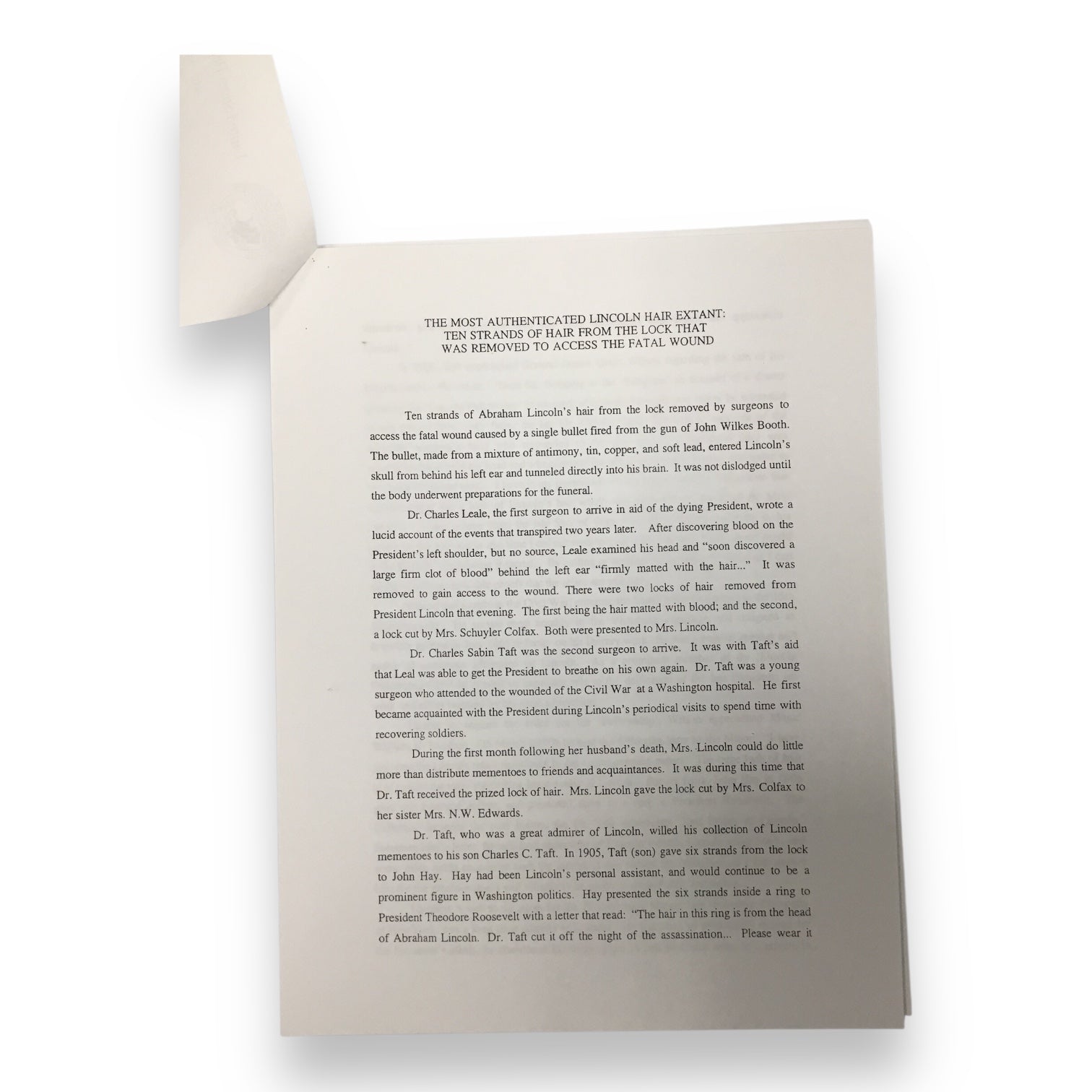 Abraham Lincoln Hair Clipping - MOST Documented Hair with COA