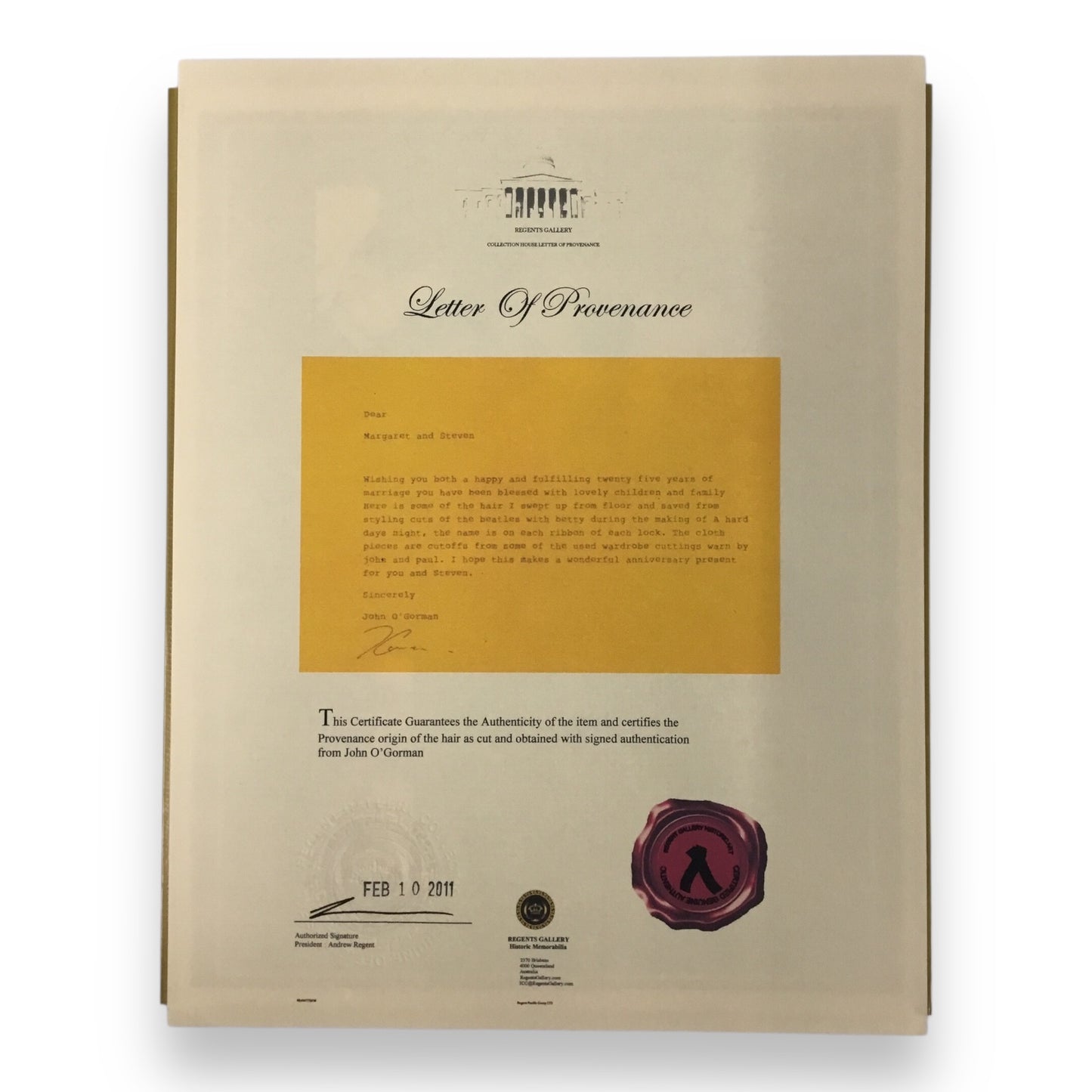 Paul McCartney Display Hair Lock & Worn Shirt Piece and COA