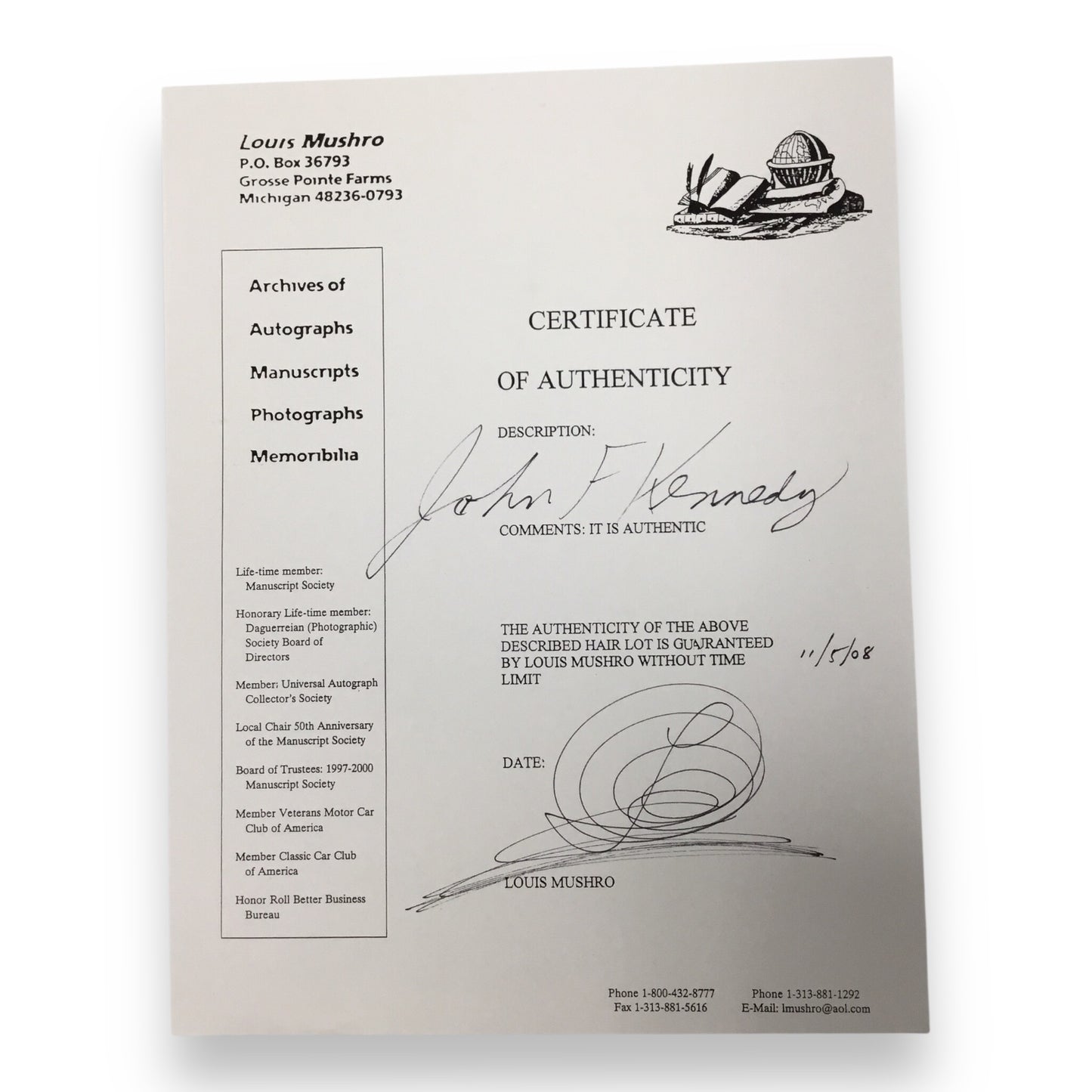 John F. Kennedy Hair Sample with COA