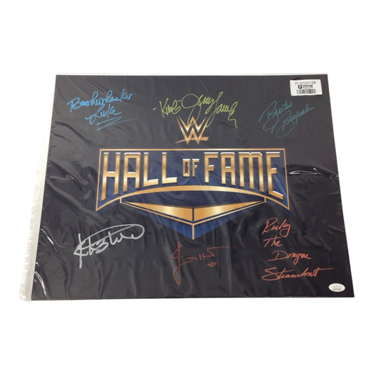 WWE Hall of Fame Jerry Lawler, Ricky Steamboat, Jimmy Hart, Brutus Beefcake, Koko B. Ware, & Bushwhacker Luke Signed 16x20 Photo
