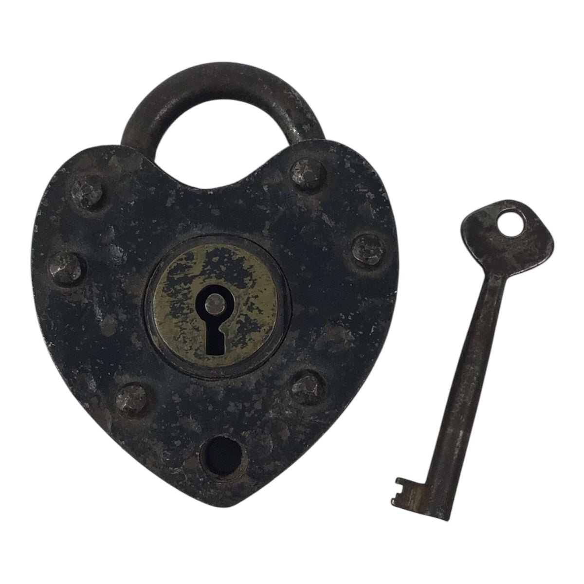 Antique Large Heart Shaped Iron Padlock w/ Key