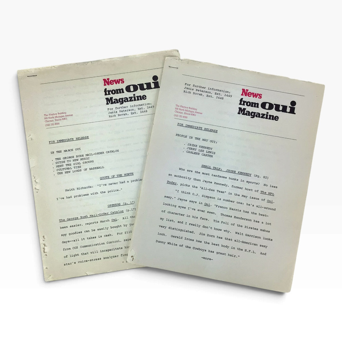 Rare OUI Magazine Press Release Set of 2 – Keith Richards, Jayne Kennedy