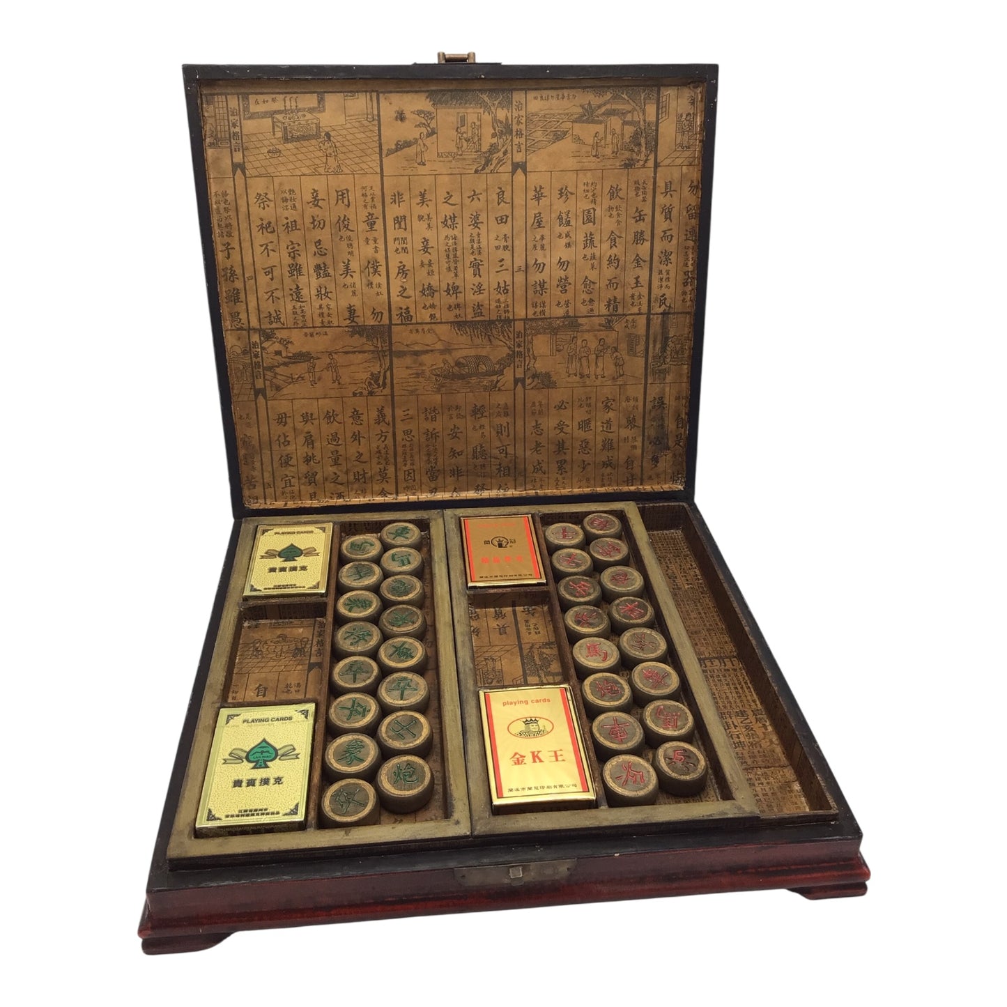 Vintage Chinese Chess Set with Hand-Carved Pieces & Sealed Playing Cards in Wooden Storage Box