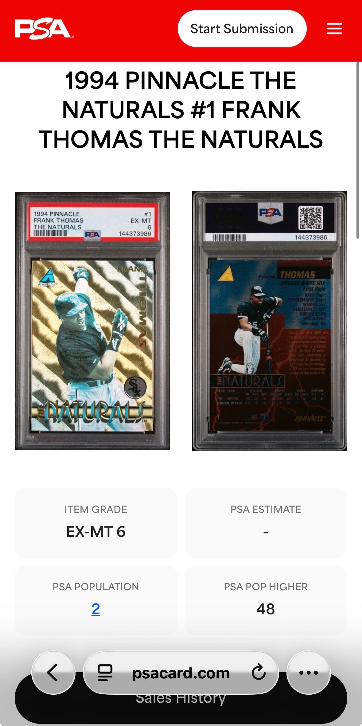 1994 Pinnacle The Naturals Frank Thomas PSA 6 Pop 2! - 144373986