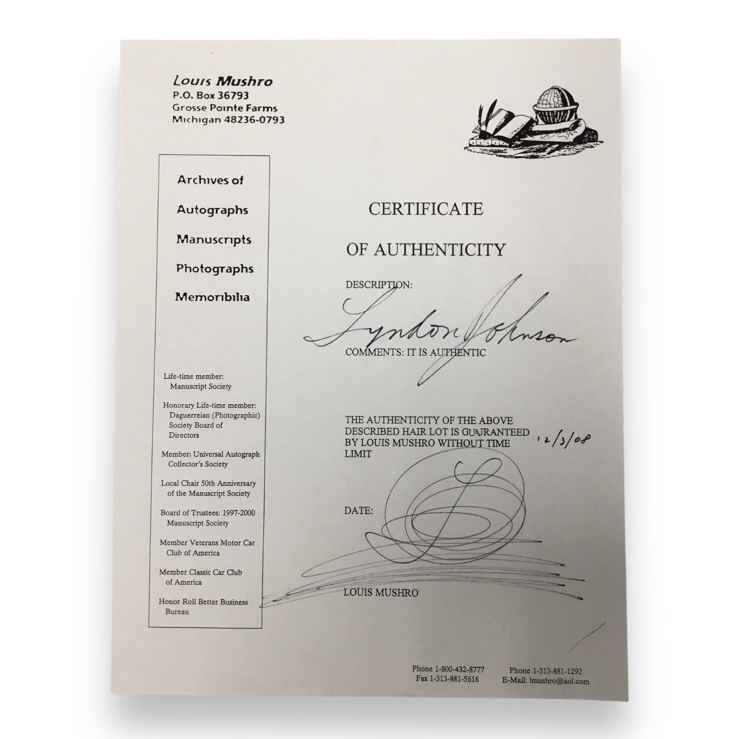 Lyndon B. Johnson Hair Clipping with COA