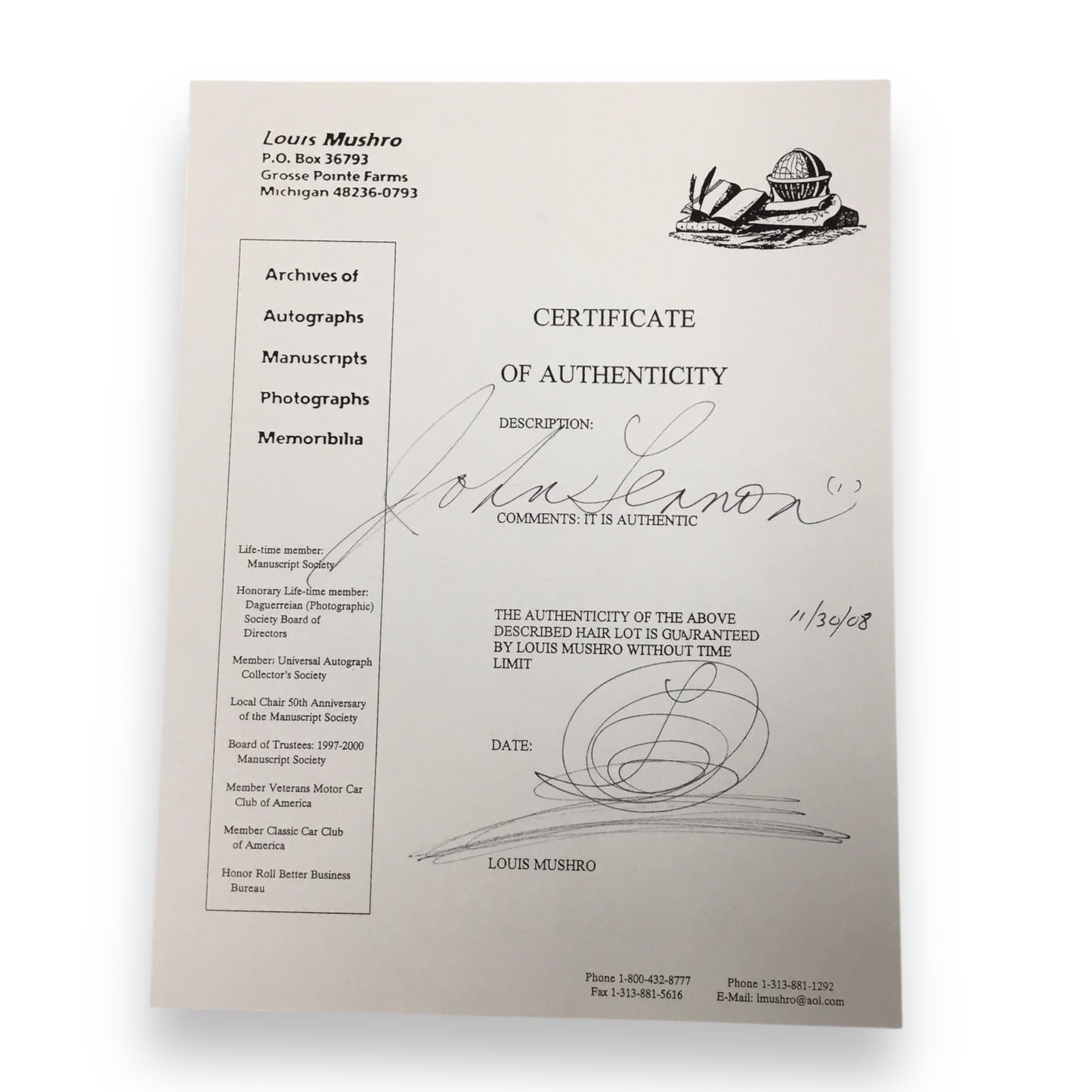 John Lennon Hair Clipping with COA