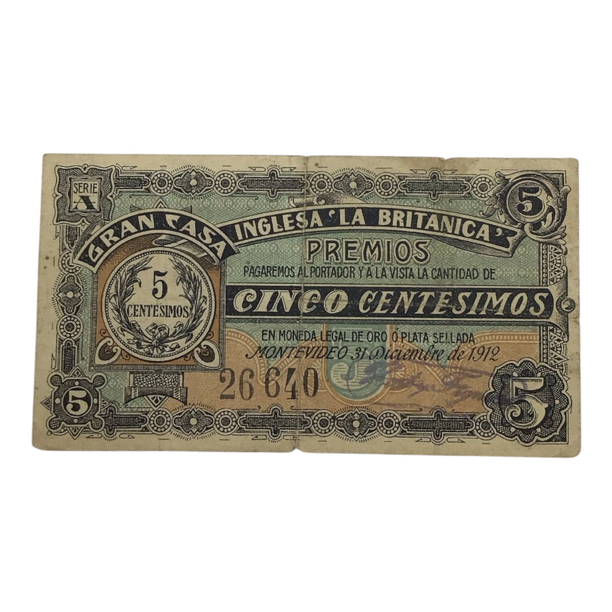 1912 Gran Casa Inglesa 'La Britanica' 5 Centesimos Bill