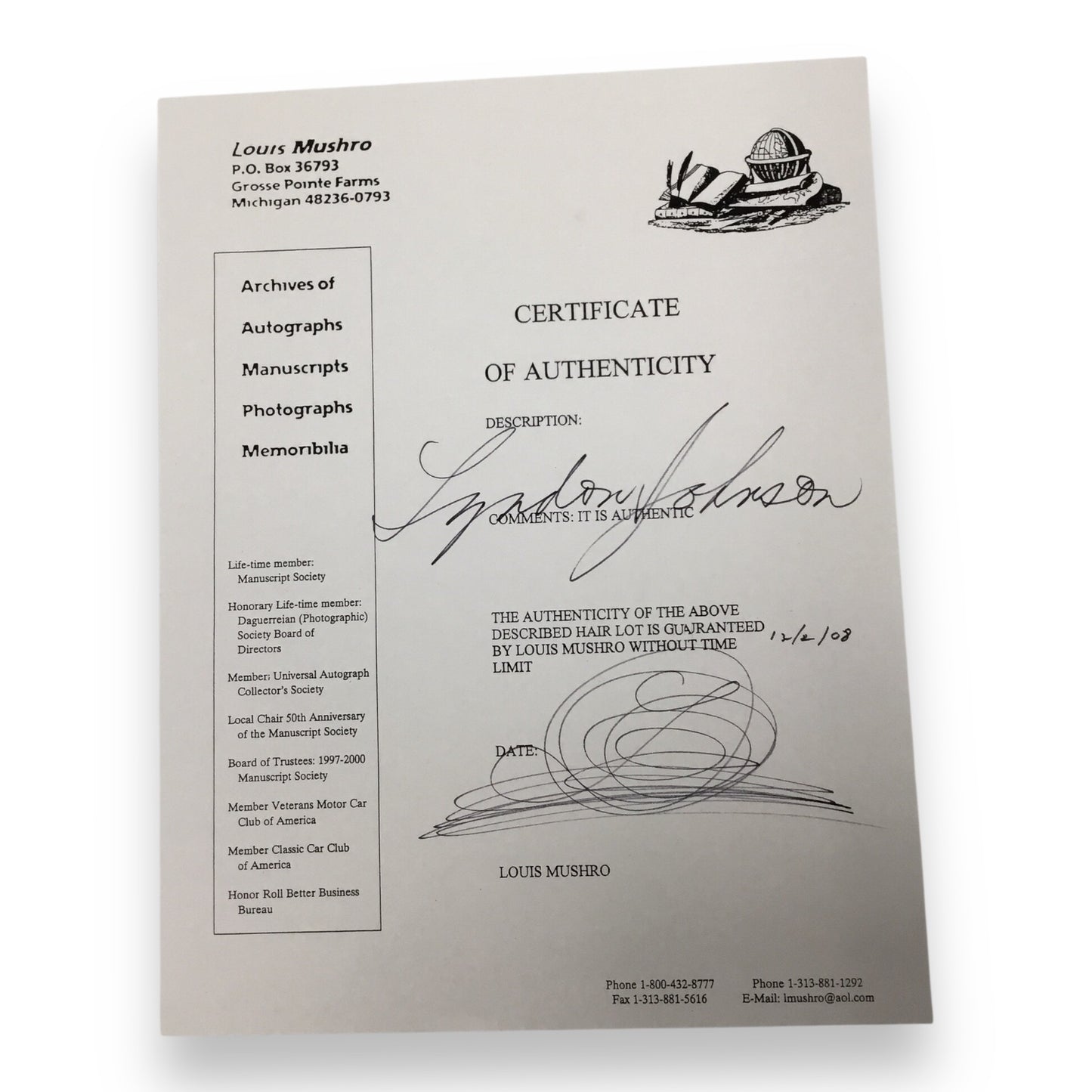 Lyndon B. Johnson Hair Clipping with COA