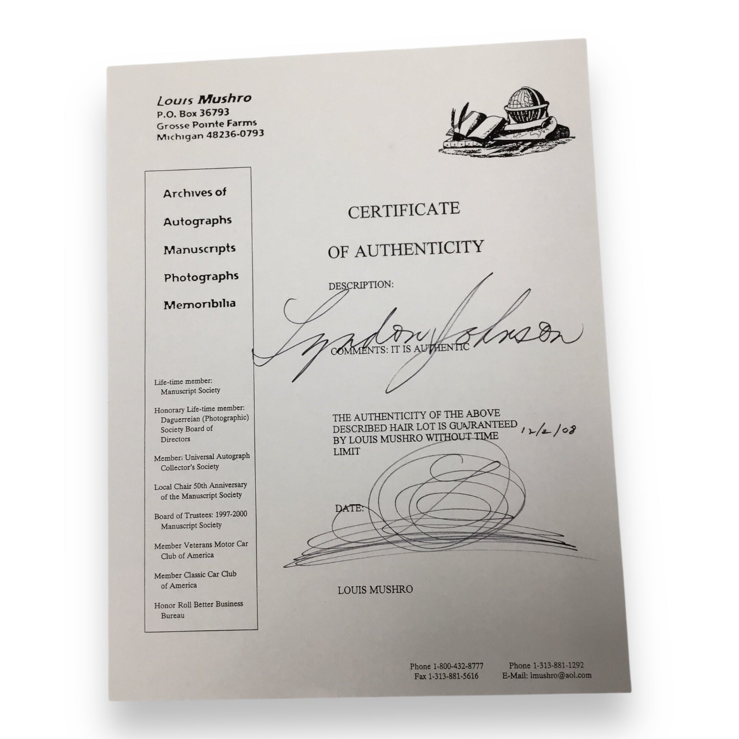 Lyndon B. Johnson Hair Clipping with COA