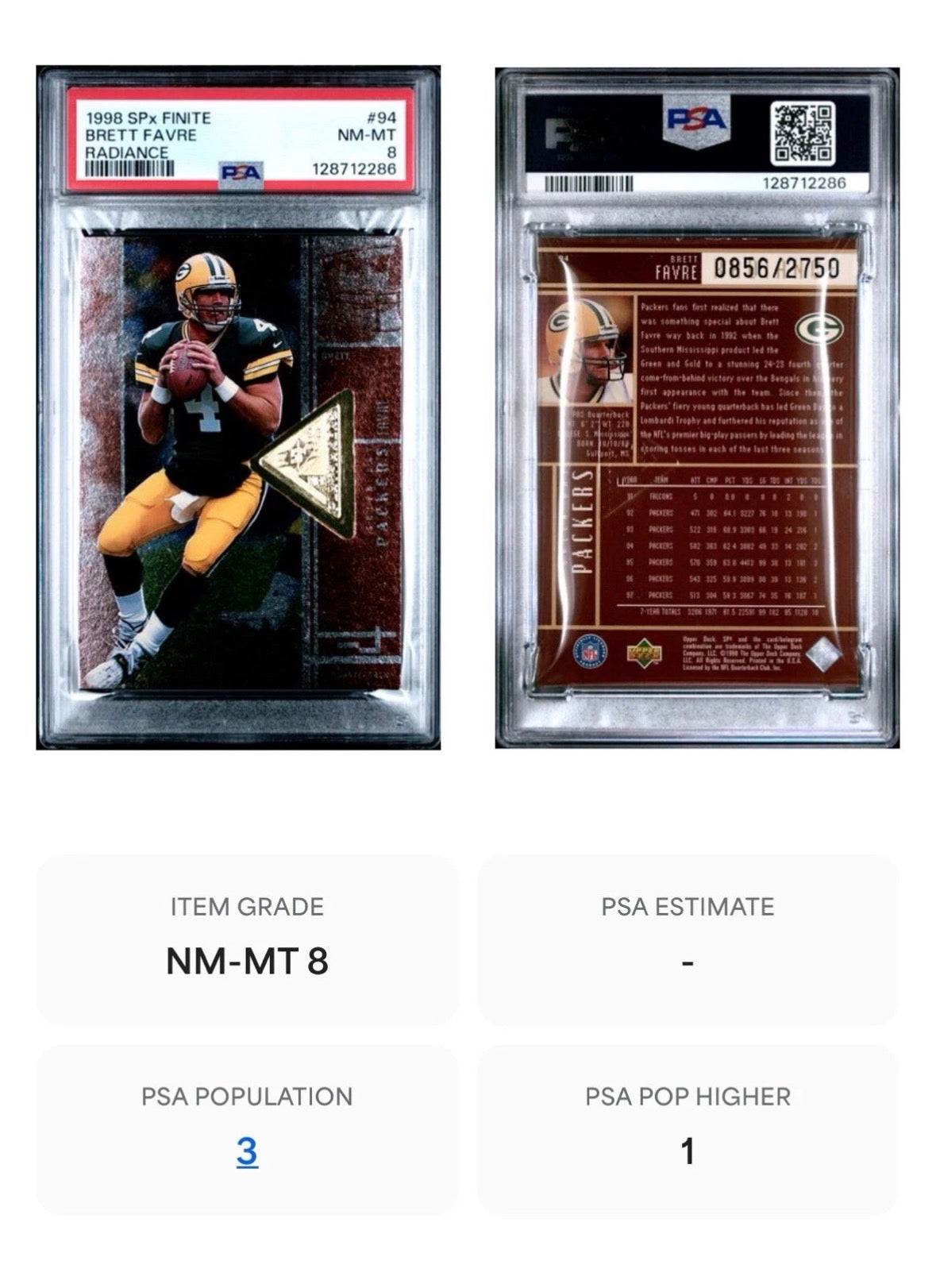 1998 SPx Finite Radiance Brett Favre /2750 Green Bay Packers PSA 8 Pop 3 - 128712286
