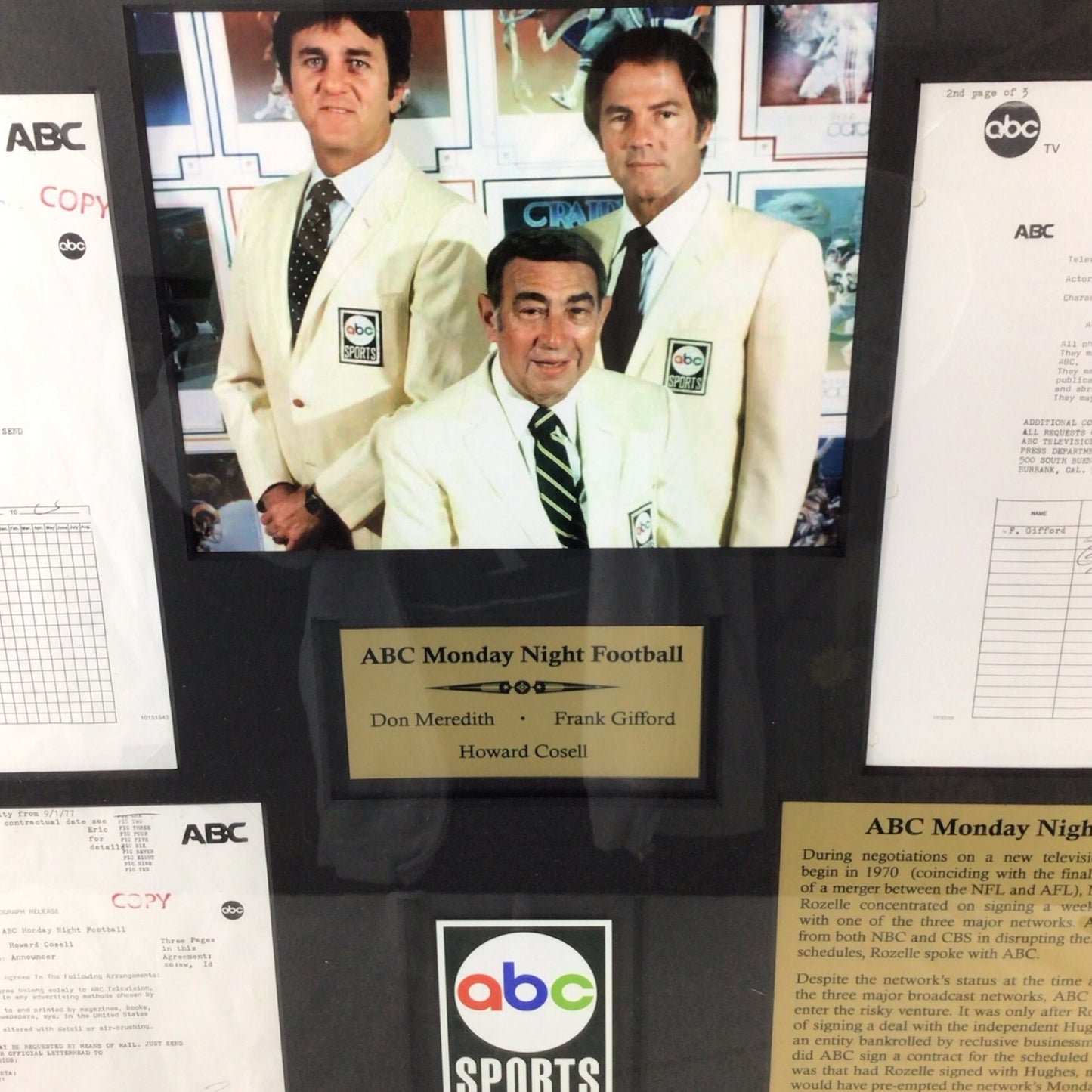 ABC Monday Night Football Framed Display - Broadcasters Don Meredith, Frank Gifford, & Howard Cosell