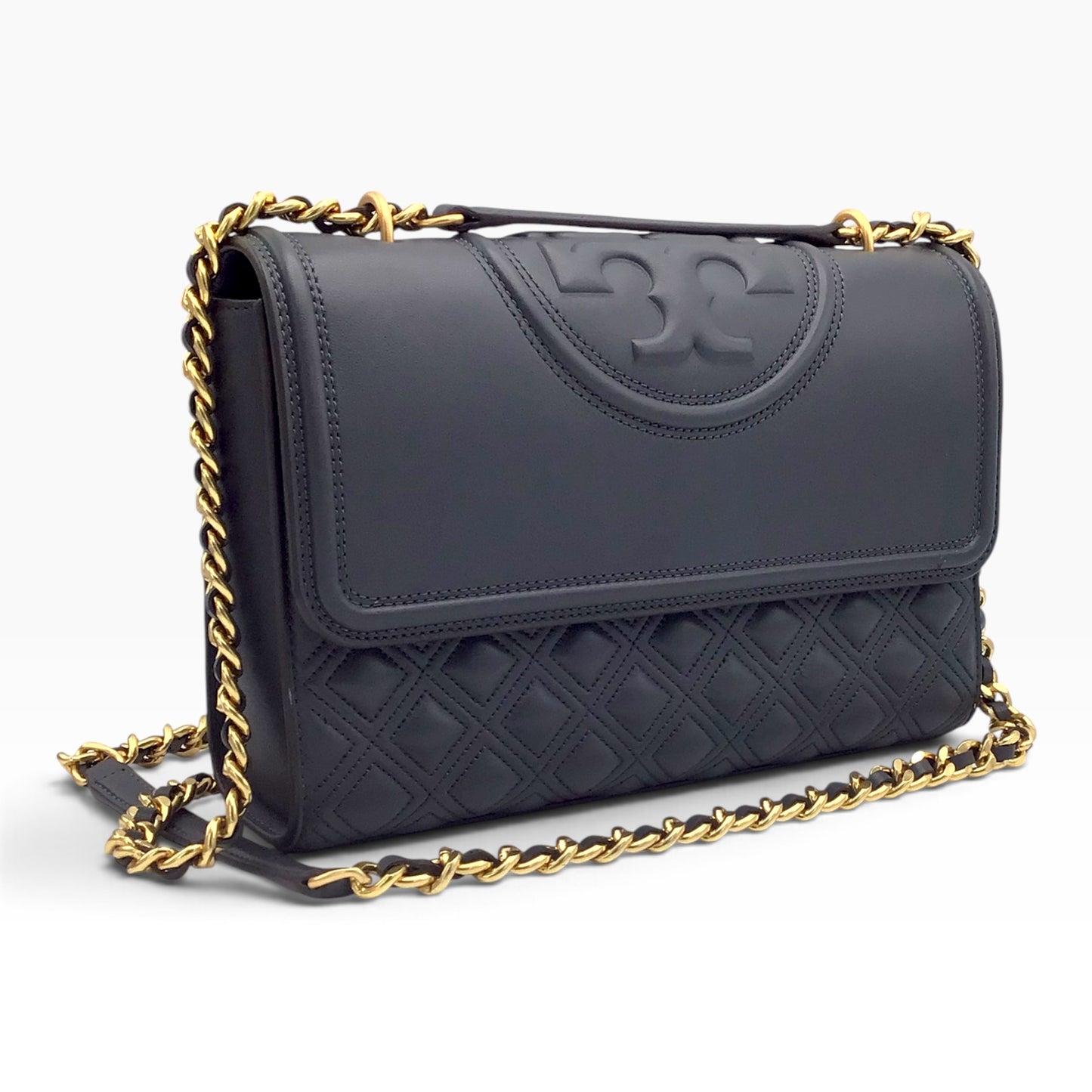 Tory Burch Fleming Overcast Dark Gray Quilted Leather Crossbody Shoulder Bag – Silver Maple 43833 - Gold-Tone Hardware
