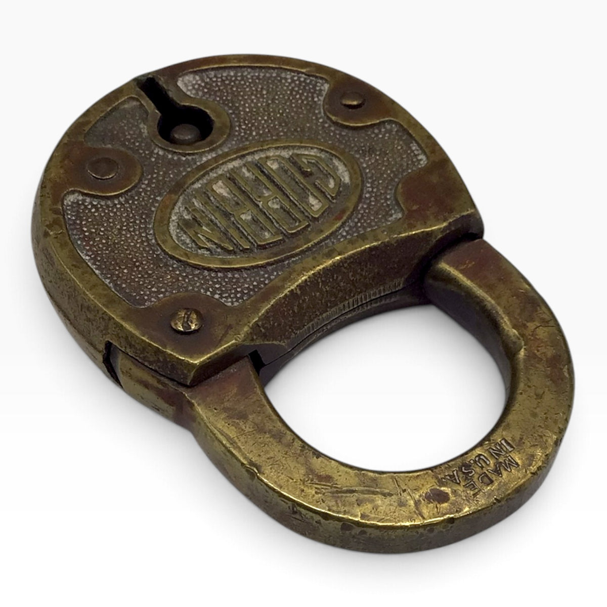 Antique CORBIN Cabinet Lock Co. Brass Padlock with Barrel-Style Key