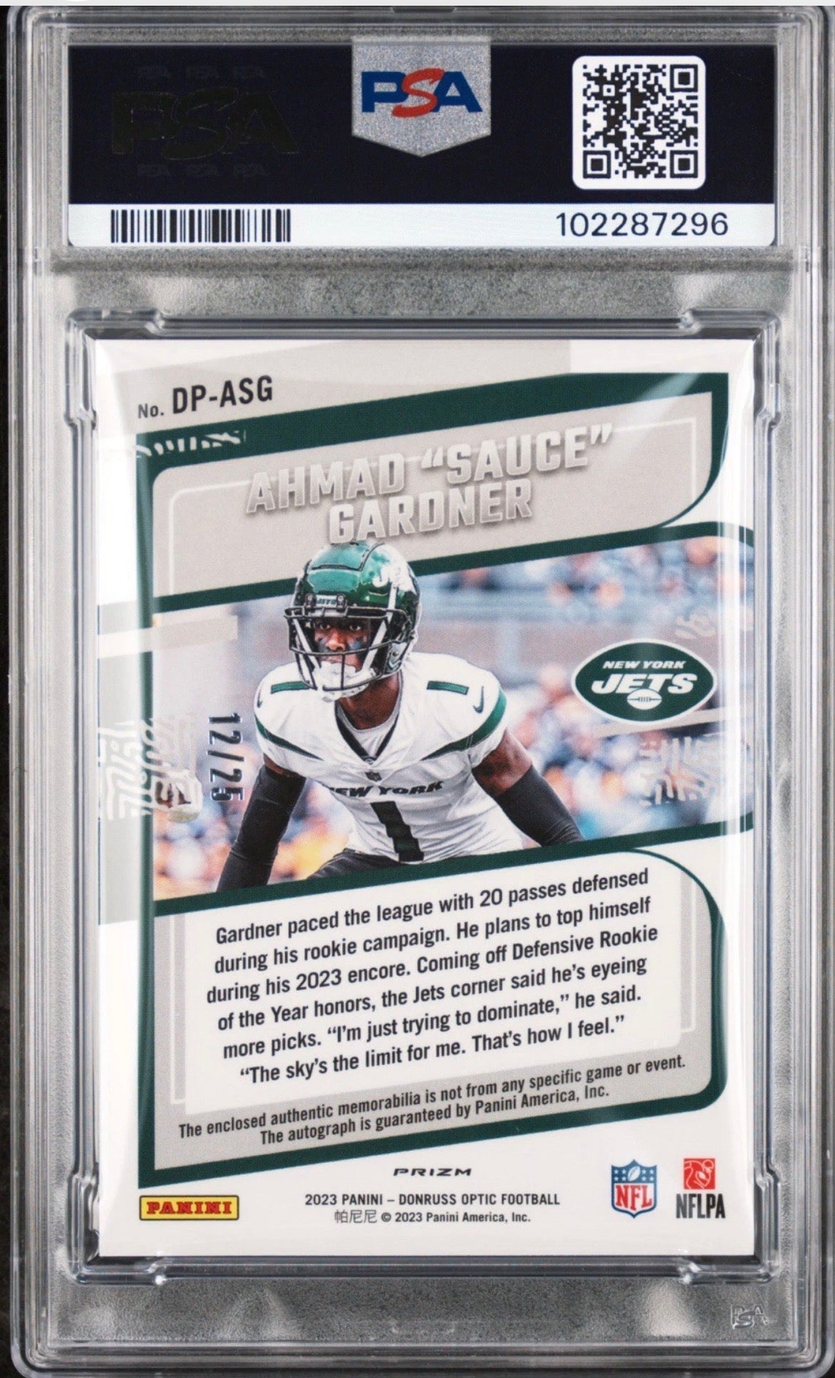 2023 Panini Optic Dynamic Patch #DP-ASG Ahmad Sauce Gardner /25 PSA Authentic Auto 8 Pop 1 - 102287296