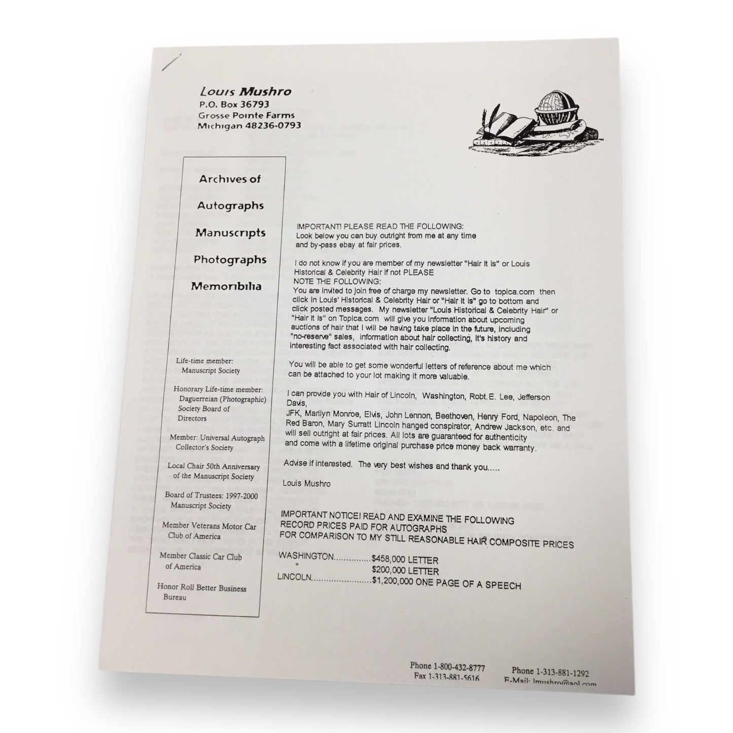 Jacqueline "Jackie" Kennedy Hair Clipping with COA