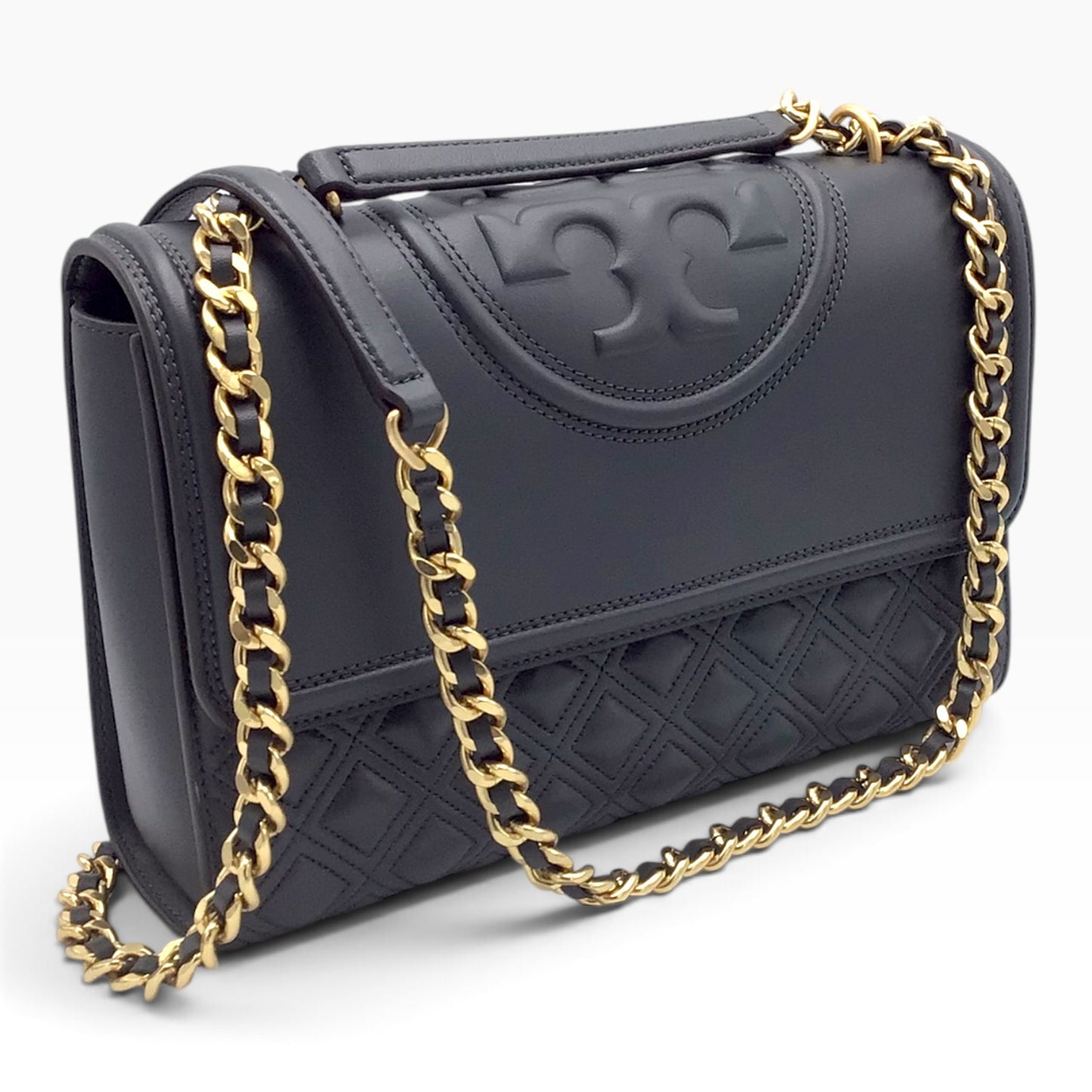 Tory Burch Fleming Overcast Dark Gray Quilted Leather Crossbody Shoulder Bag – Silver Maple 43833 - Gold-Tone Hardware