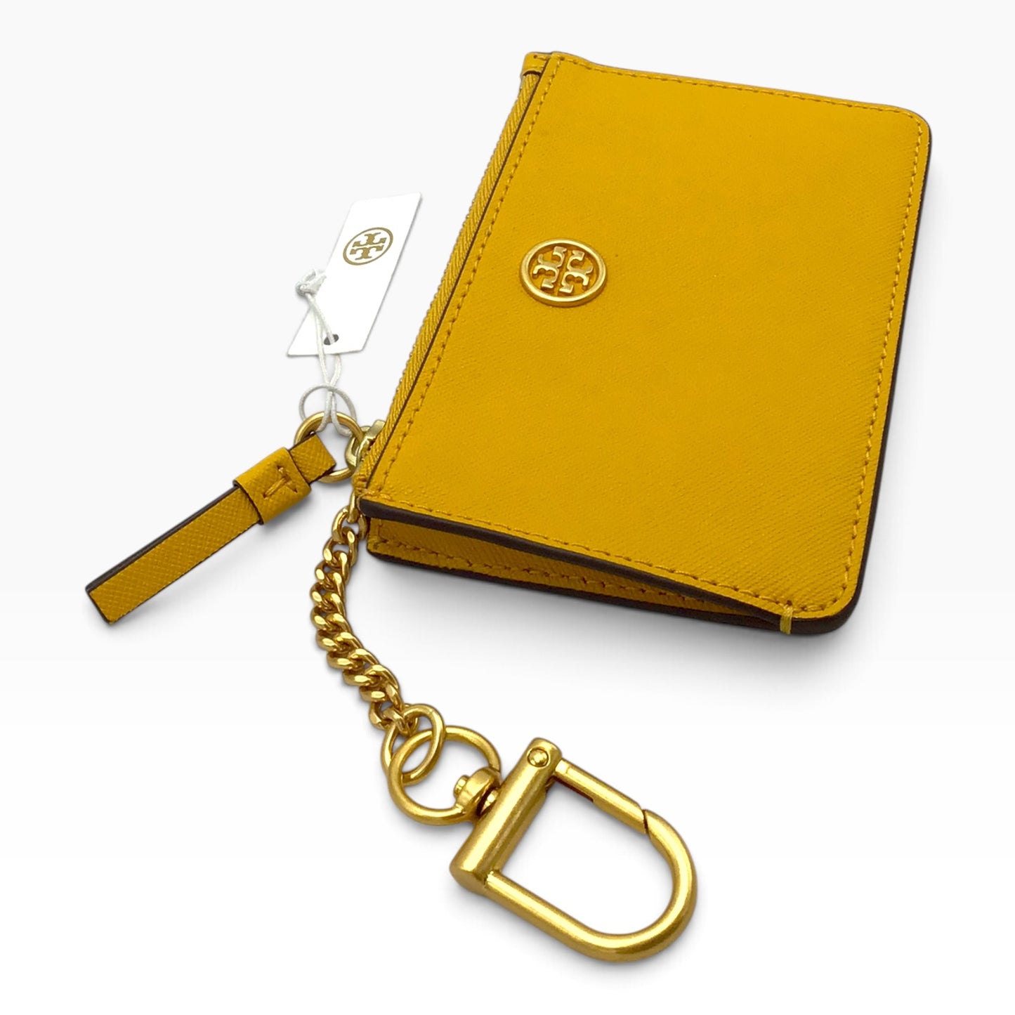 Tory Burch Robinson Card Case Key Fob Leather Wallet – Yellow Gold – 75632 – NWT