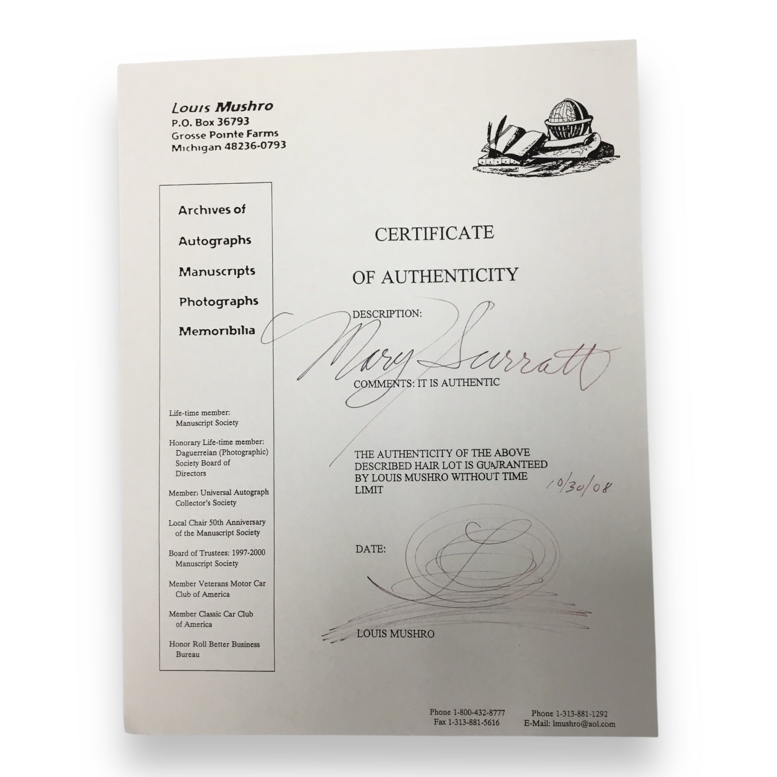 Mary Surratt Hair Clipping with COA