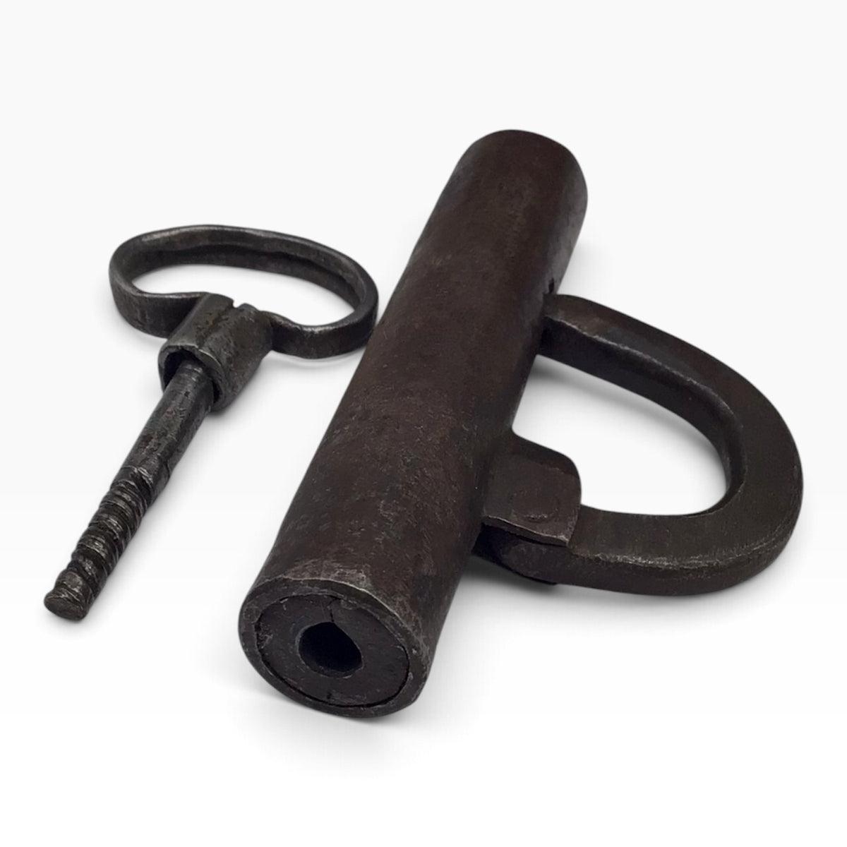 Antique Hand-Forged Cylindrical Barrel Padlock with Screw Key