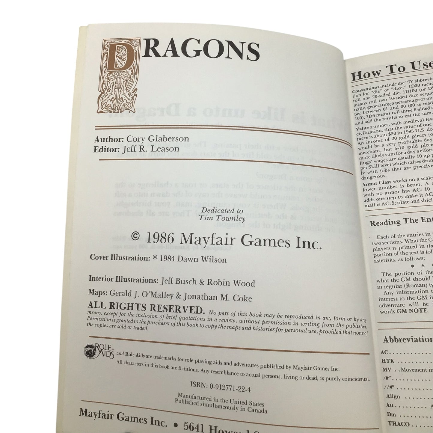 Advanced Dungeons & Dragons Role Aids Dragons by Cory Glaberson 1986