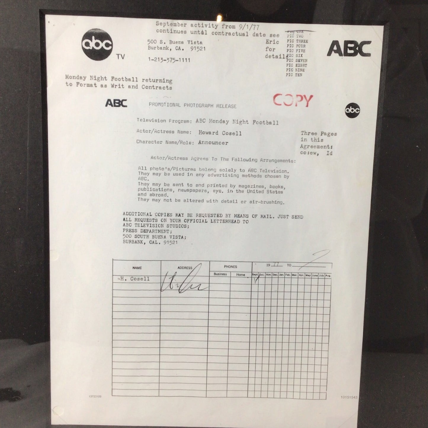 ABC Monday Night Football Framed Display - Broadcasters Don Meredith, Frank Gifford, & Howard Cosell