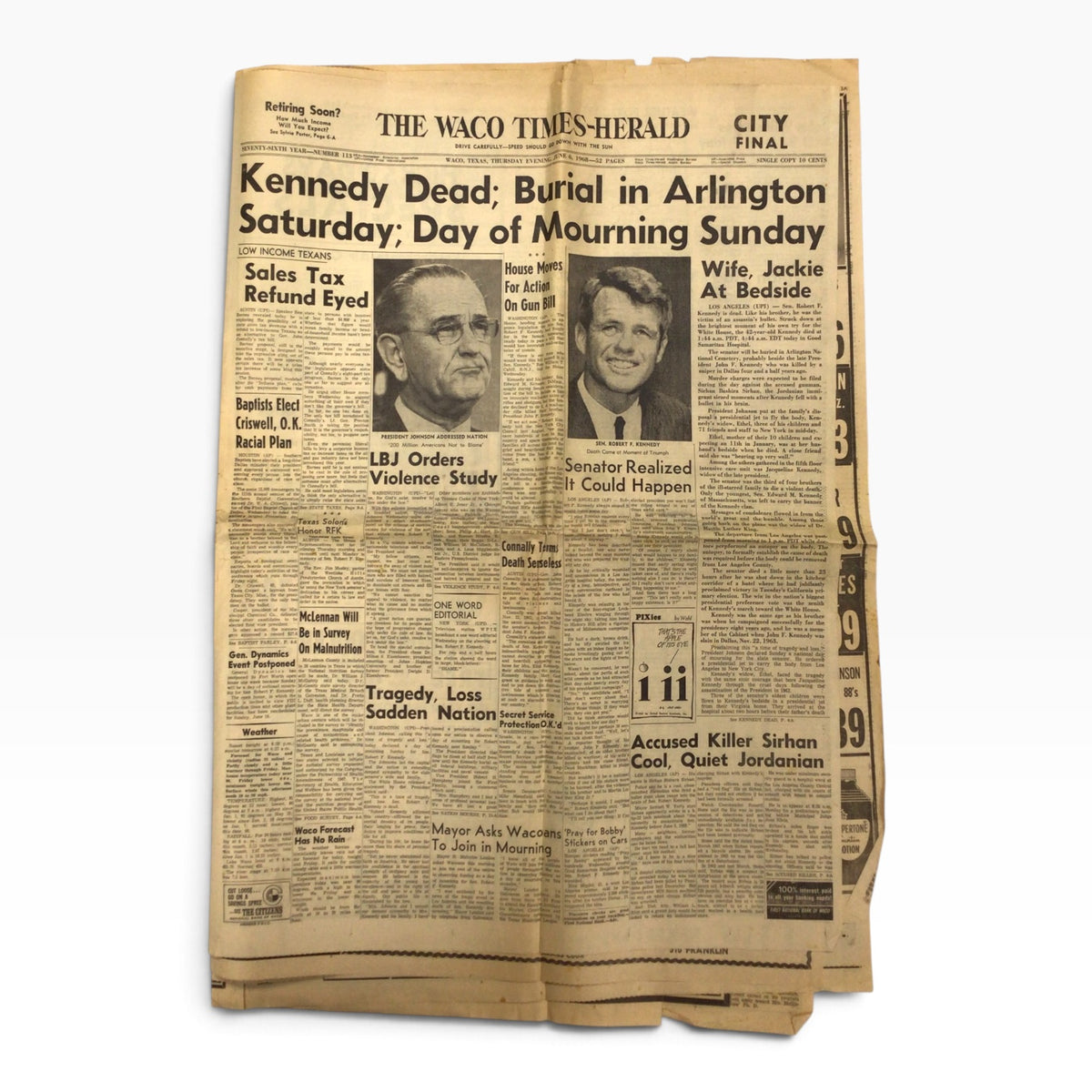 The Waco Times-Herald June 6, 1968 – Senator Robert Kennedy Dead – Burial in Arlington Saturday – Original Newspaper