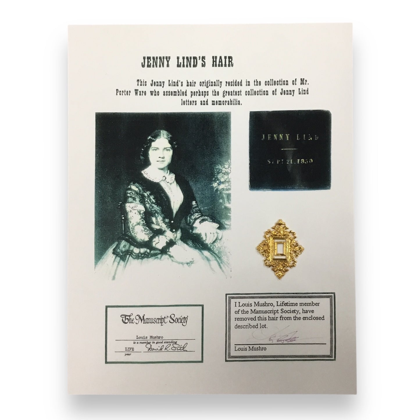 Jenny Lind, the Swedish Nightengale, Hair Clipping with COA