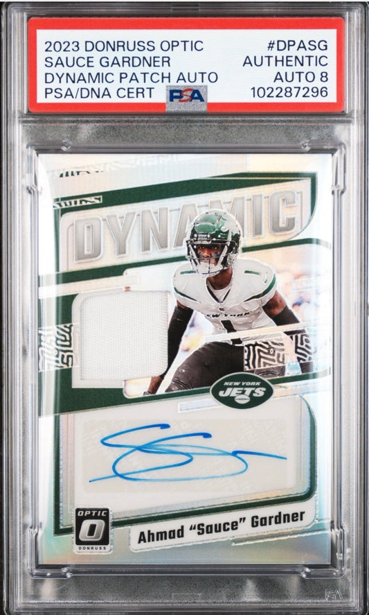 2023 Panini Optic Dynamic Patch #DP-ASG Ahmad Sauce Gardner /25 PSA Authentic Auto 8 Pop 1 - 102287296