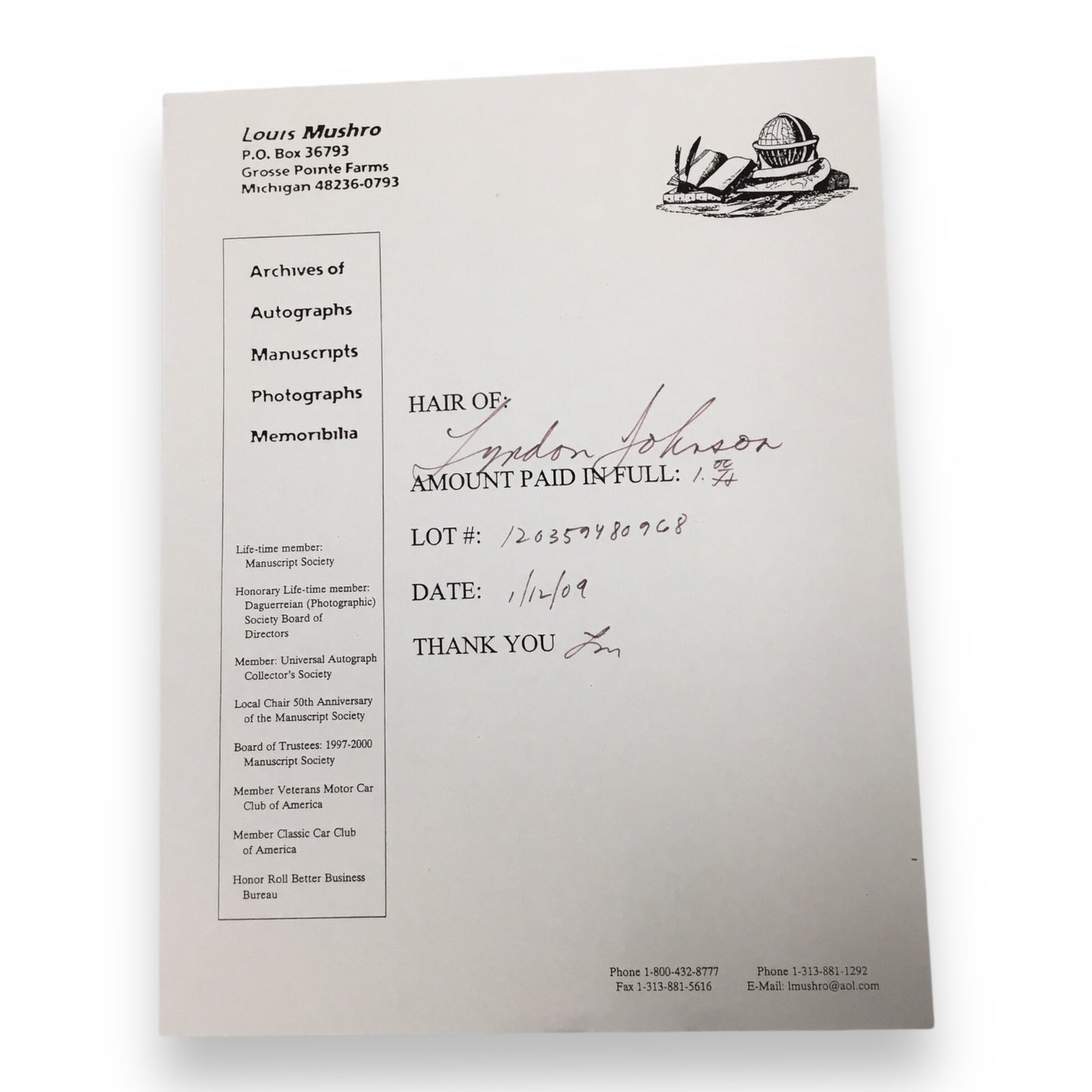 Lyndon B. Johnson Hair Clipping with COA