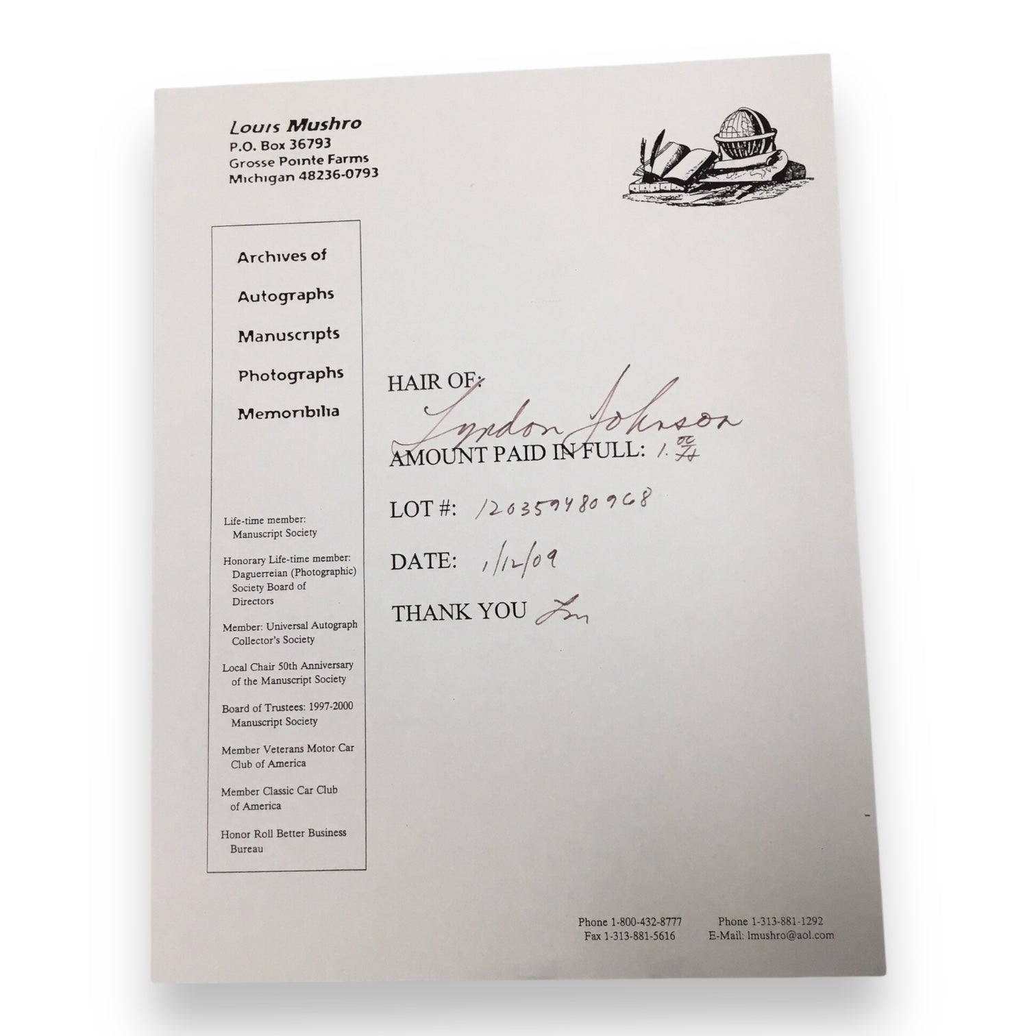 Lyndon B. Johnson Hair Clipping with COA