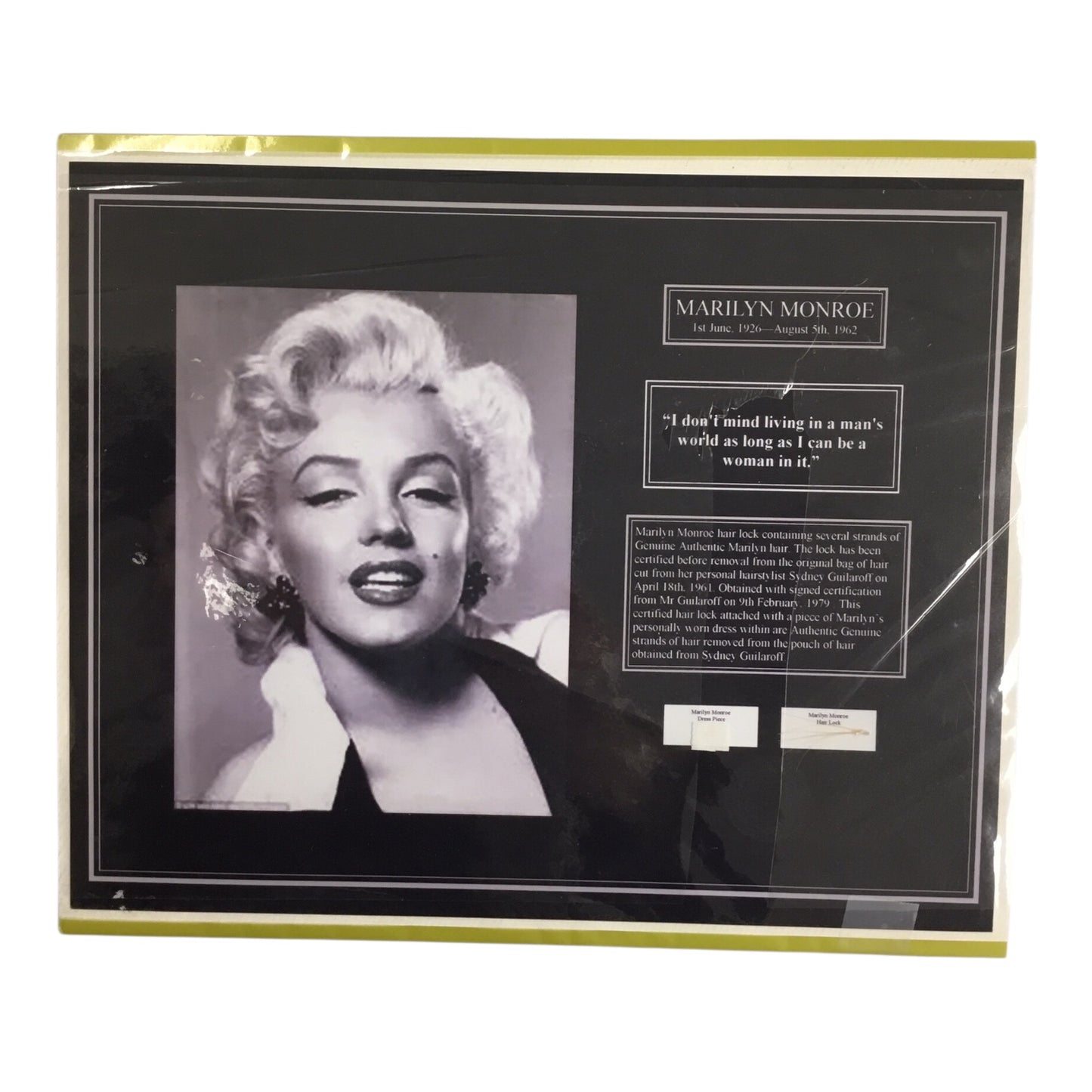 Marilyn Monroe Original Hair Lock with Used Dress Piece and COA
