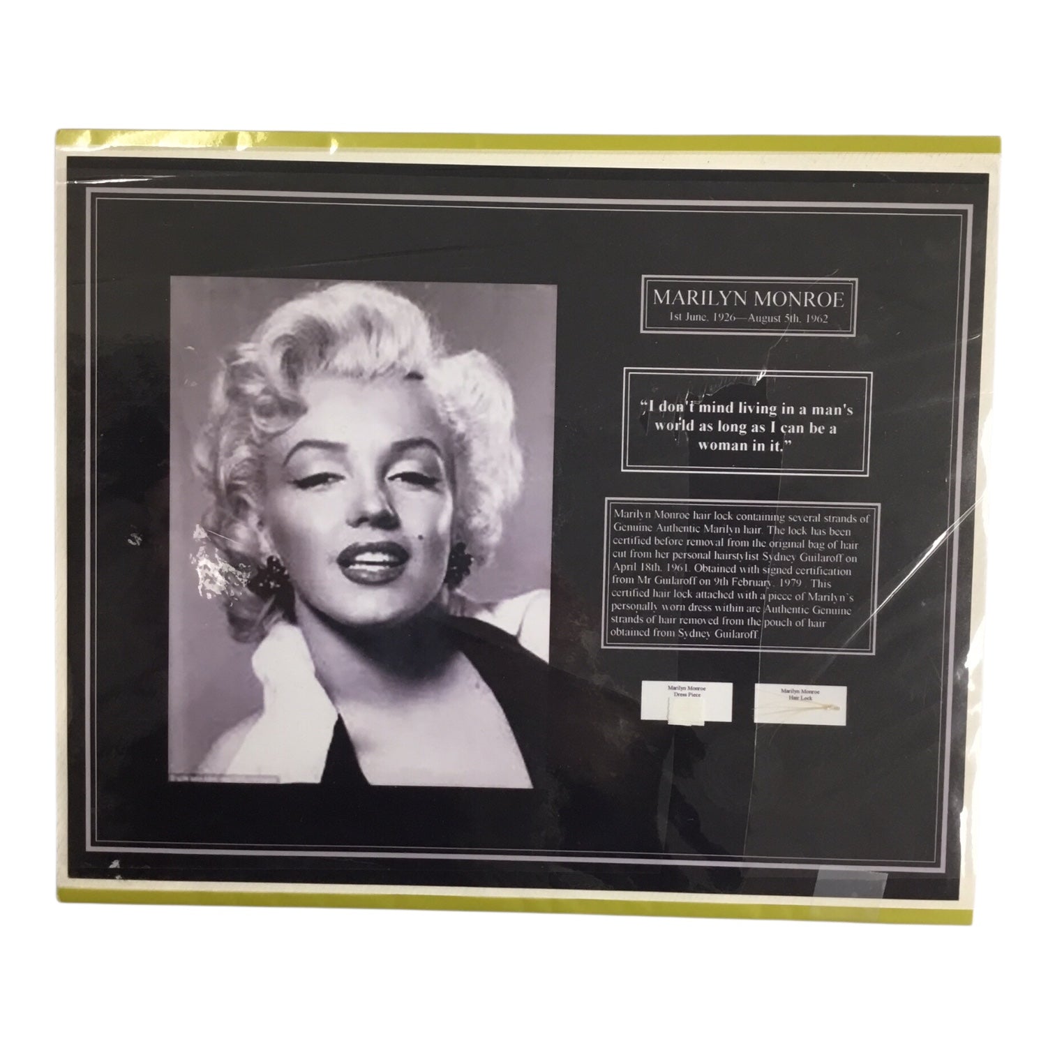 Marilyn Monroe Original Hair Lock with Used Dress Piece and COA