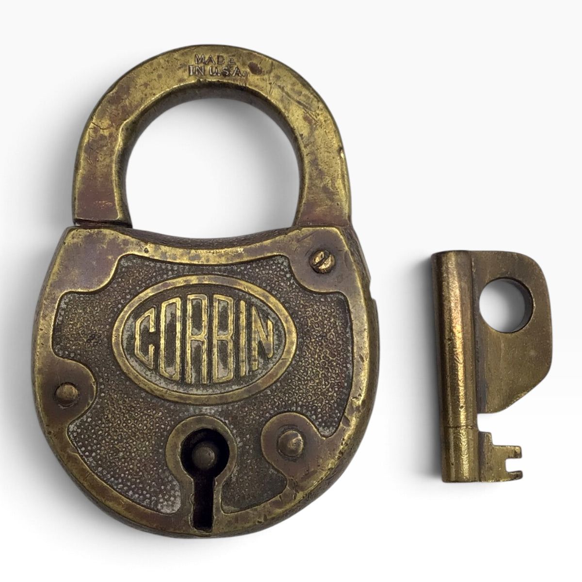 Antique CORBIN Cabinet Lock Co. Brass Padlock with Barrel-Style Key