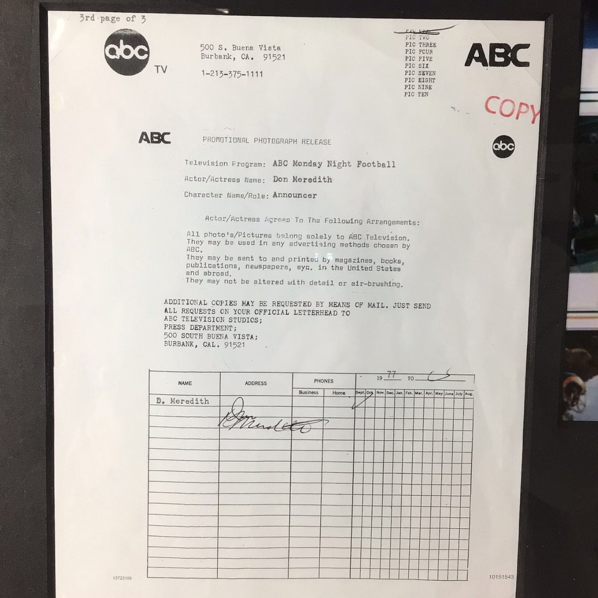 ABC Monday Night Football Framed Display - Broadcasters Don Meredith, Frank Gifford, & Howard Cosell
