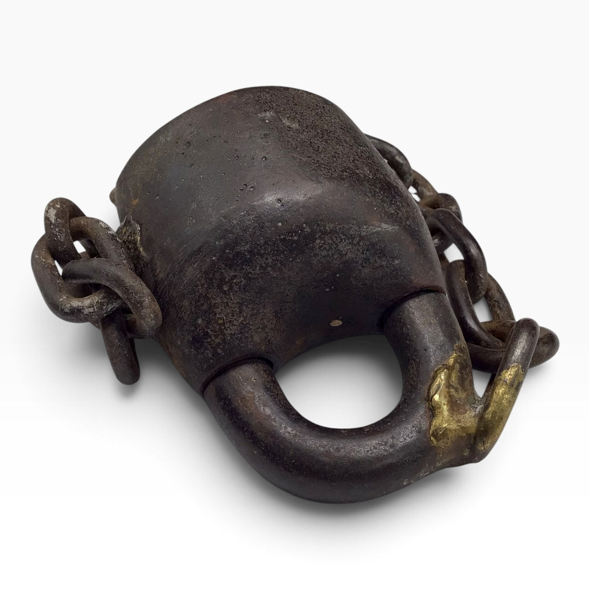 Antique Cast Iron Scandinavian Star Lock Padlock with Key and Attached Chain