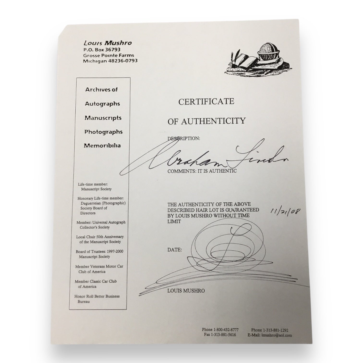 Abraham Lincoln Hair Clipping - MOST Documented Hair with Certificate of Authenticity