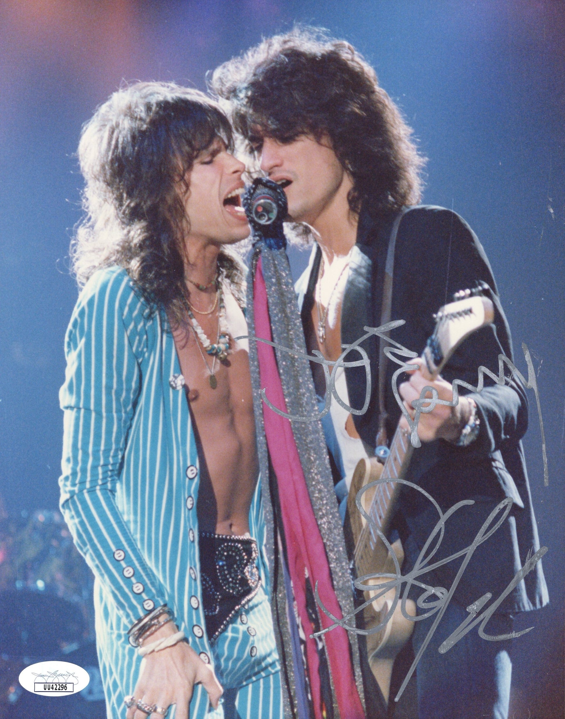 Aerosmith Steven Tyler and Joe Perry Signed Photo 8x10, Joe Auerosmith Autograph Singing on Stage Two Signatures, JSA and PSA Letter Double Certified Authentic UU42296