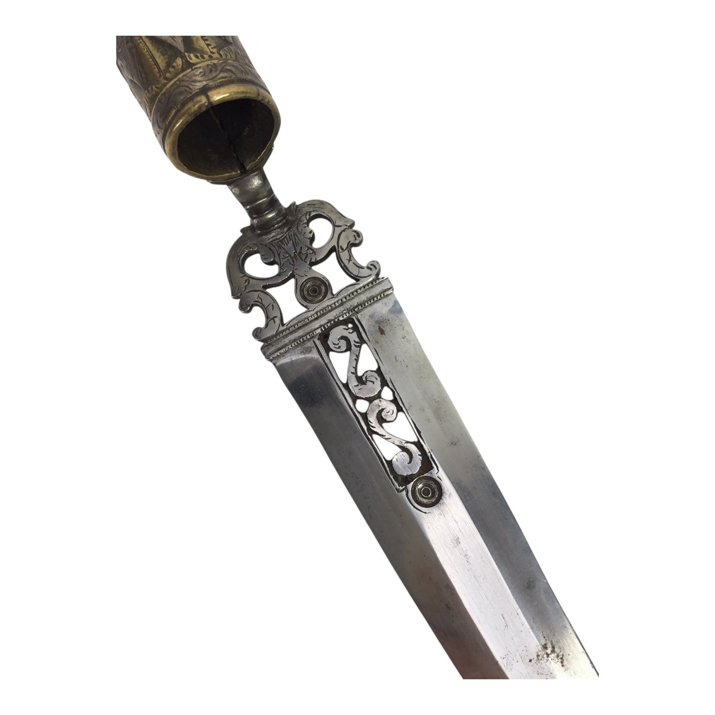 American Revolutionary War Period 18th Century Italian Large Socket Bayonet Dagger with Exquisite Chiseled and Pierced Steel