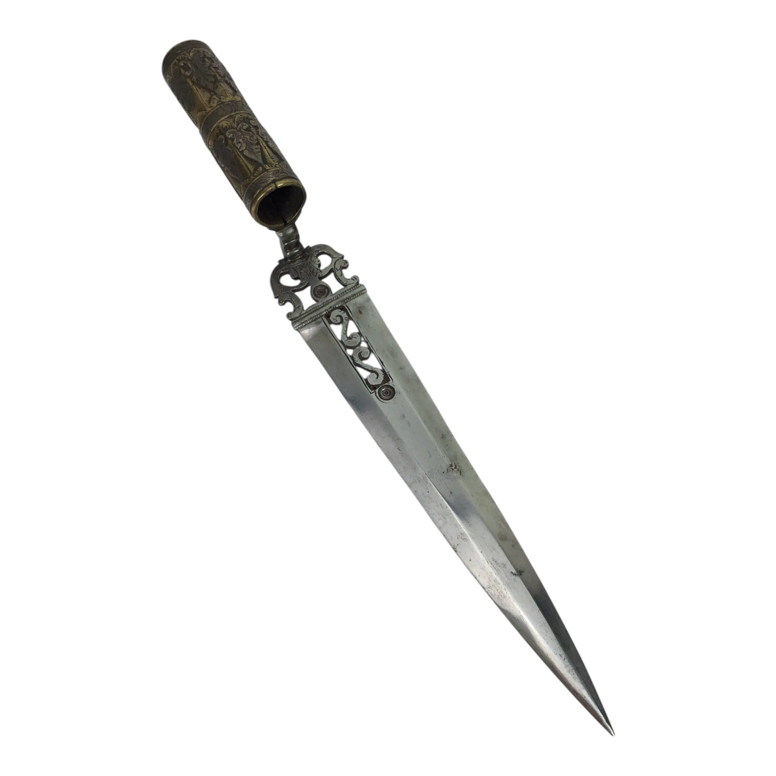 American Revolutionary War Period 18th Century Italian Large Socket Bayonet Dagger with Exquisite Chiseled and Pierced Steel