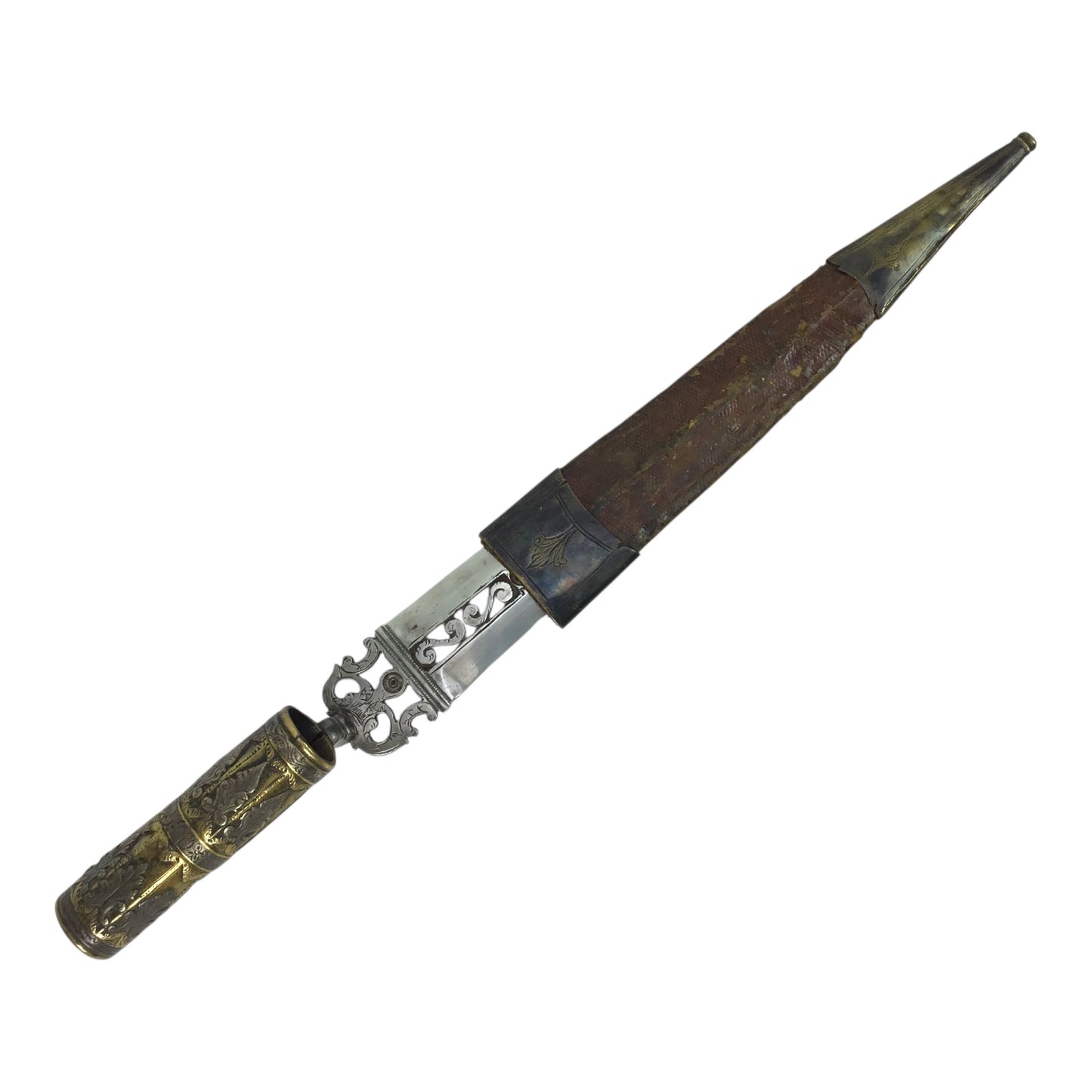 American Revolutionary War Period 18th Century Italian Large Socket Bayonet Dagger with Exquisite Chiseled and Pierced Steel