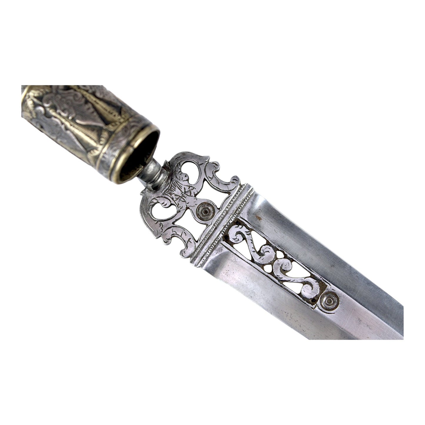 American Revolutionary War Period 18th Century Italian Large Socket Bayonet Dagger with Exquisite Chiseled and Pierced Steel