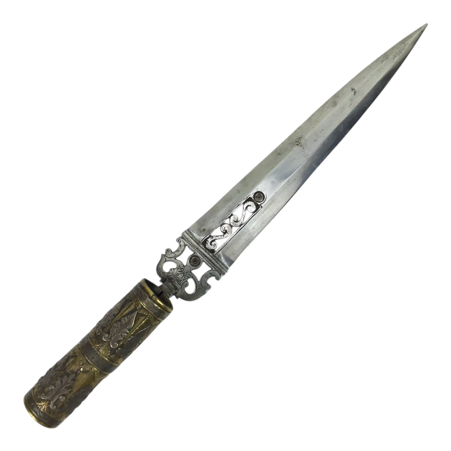 American Revolutionary War Period 18th Century Italian Large Socket Bayonet Dagger with Exquisite Chiseled and Pierced Steel