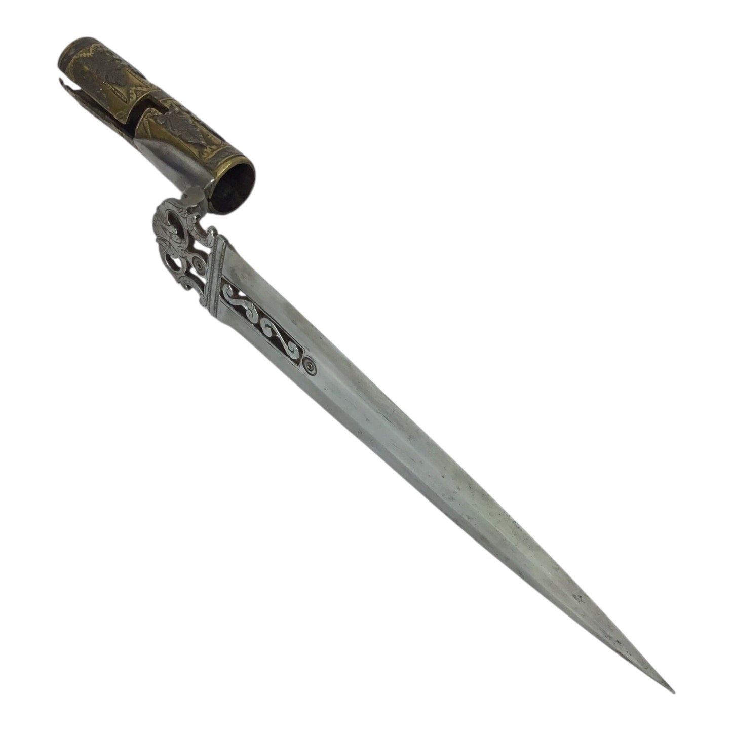 American Revolutionary War Period 18th Century Italian Large Socket Bayonet Dagger with Exquisite Chiseled and Pierced Steel