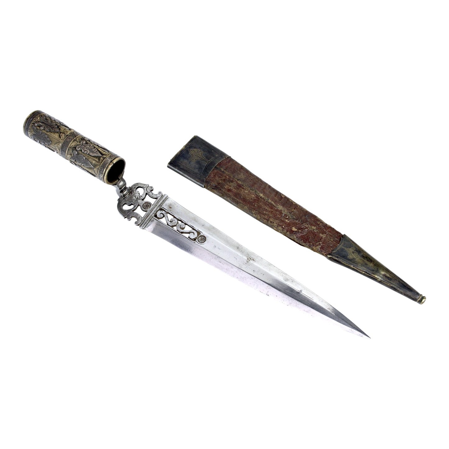 American Revolutionary War Period 18th Century Italian Large Socket Bayonet Dagger with Exquisite Chiseled and Pierced Steel