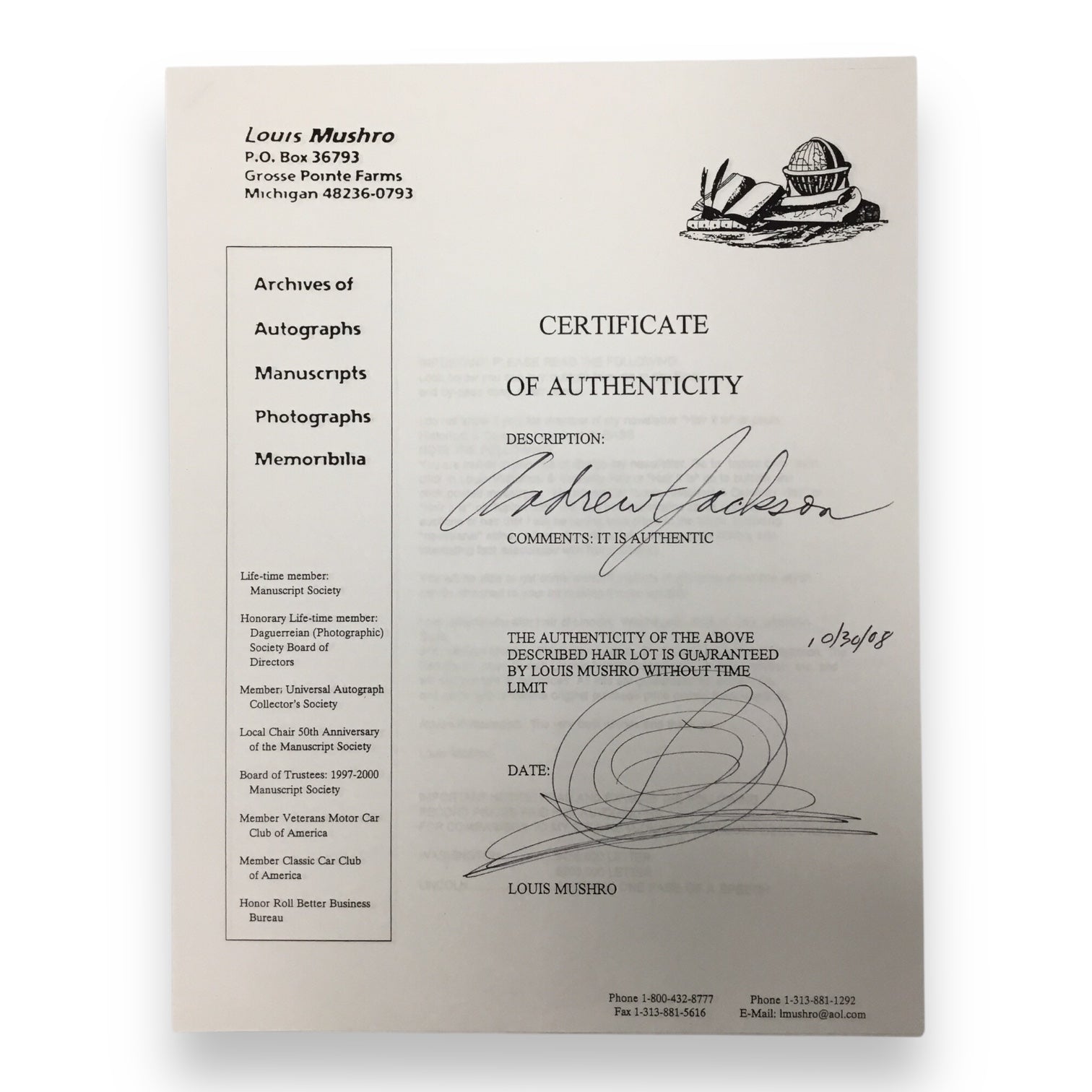 Andrew Jackson Hair Clipping with Certificate of Authenticity