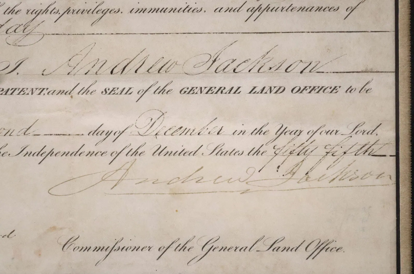 Andrew Jackson Signed and Framed Presidential Land Grant – Dated 1829